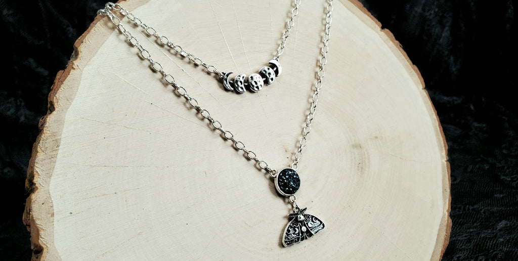 Moon Phase and Moth - double layer necklace