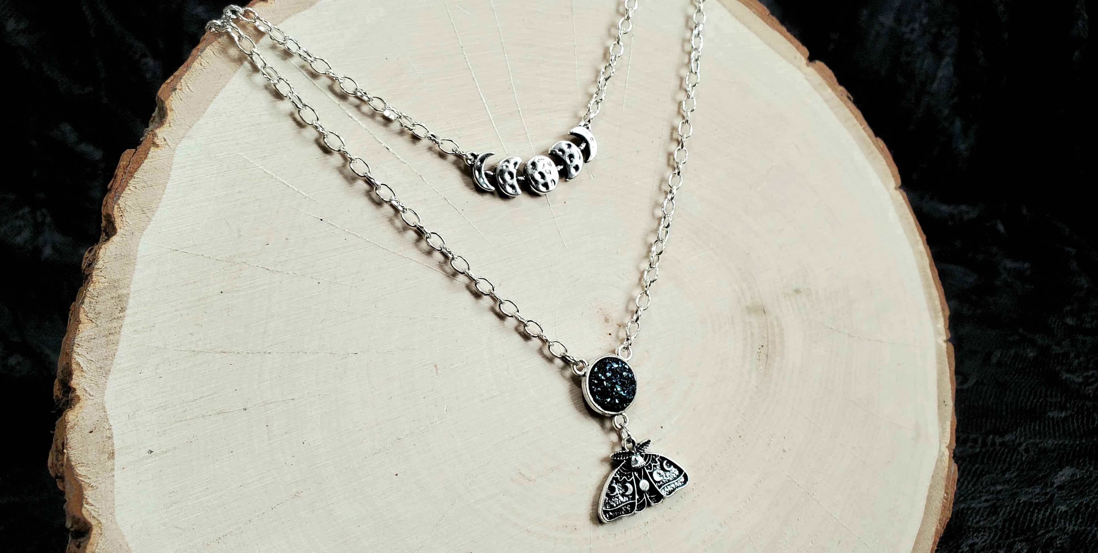 Moon Phase and Moth - double layer necklace