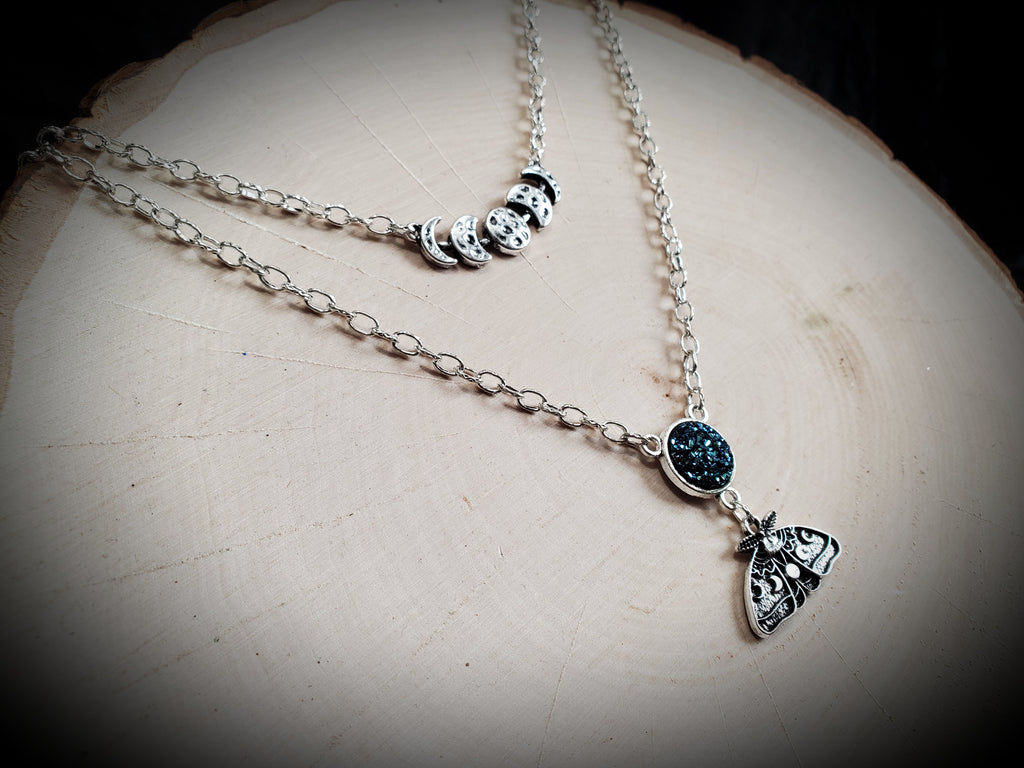 Moon Phase and Moth - double layer necklace