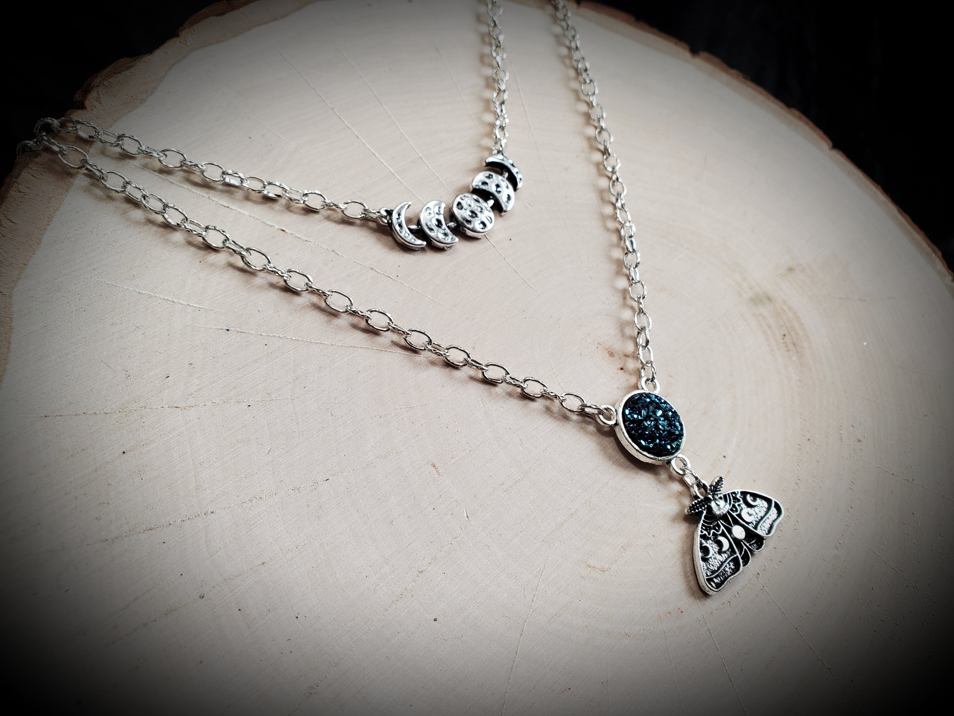Moon Phase and Moth - double layer necklace