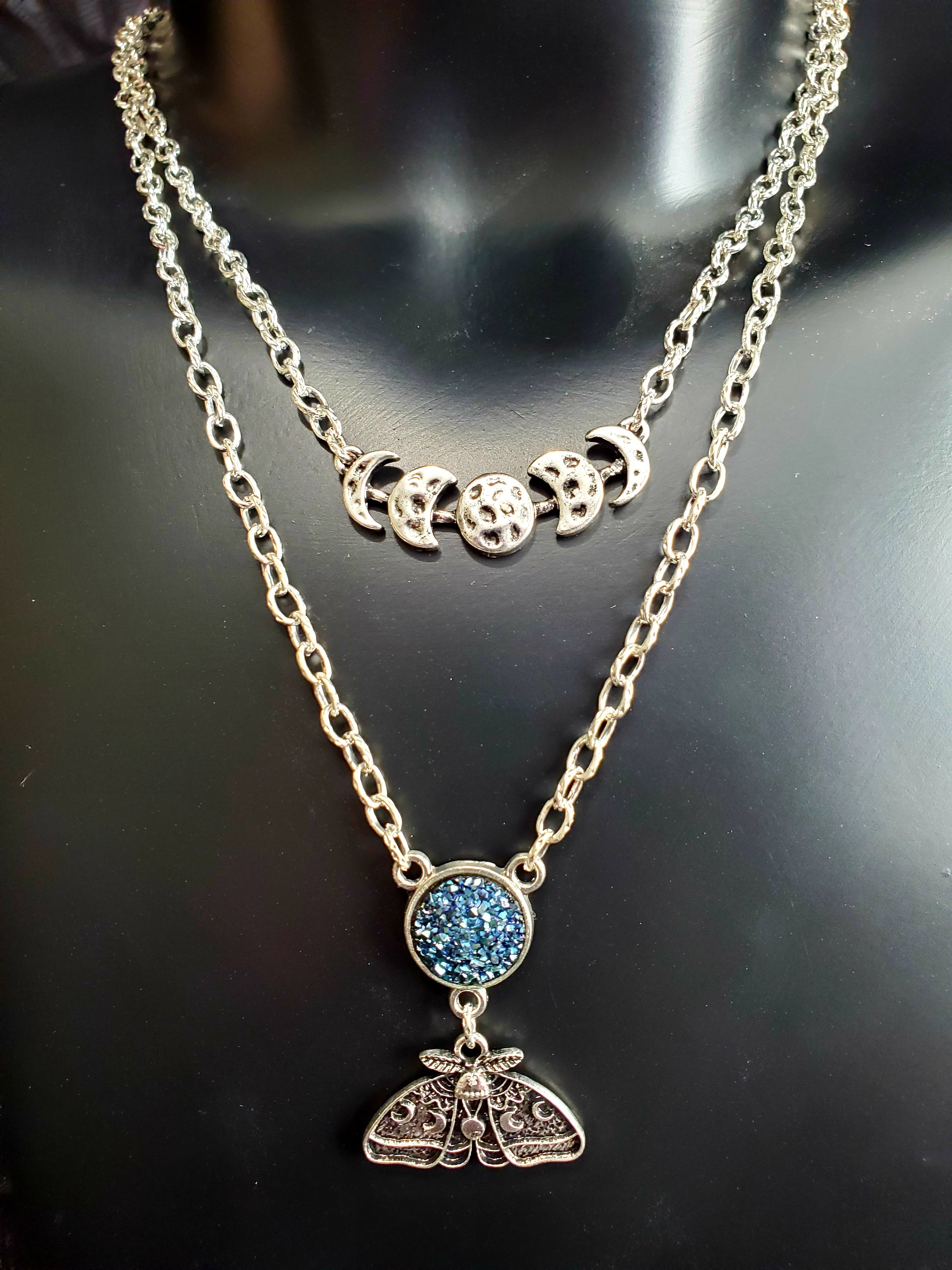 Moon Phase and Moth - double layer necklace