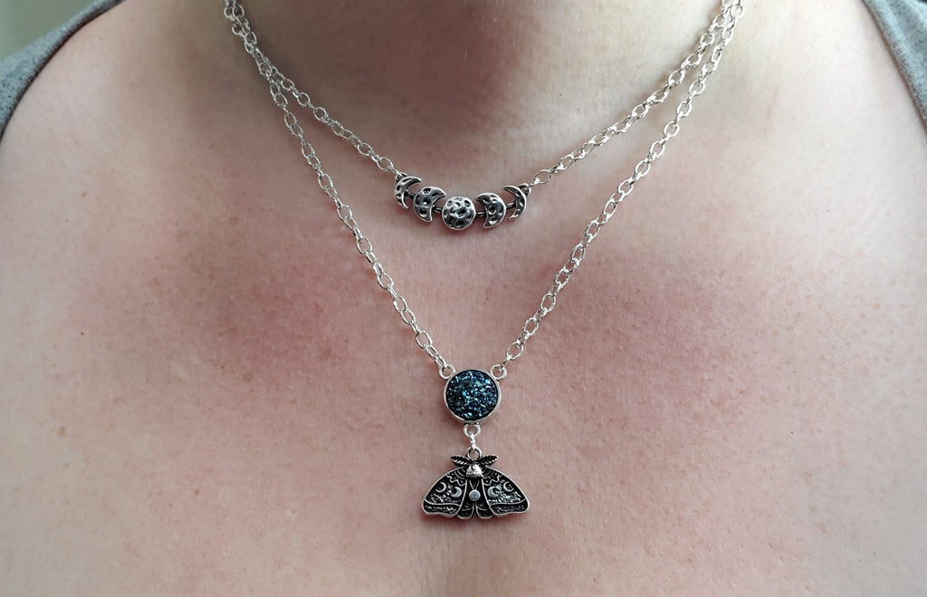 Moon Phase and Moth - double layer necklace
