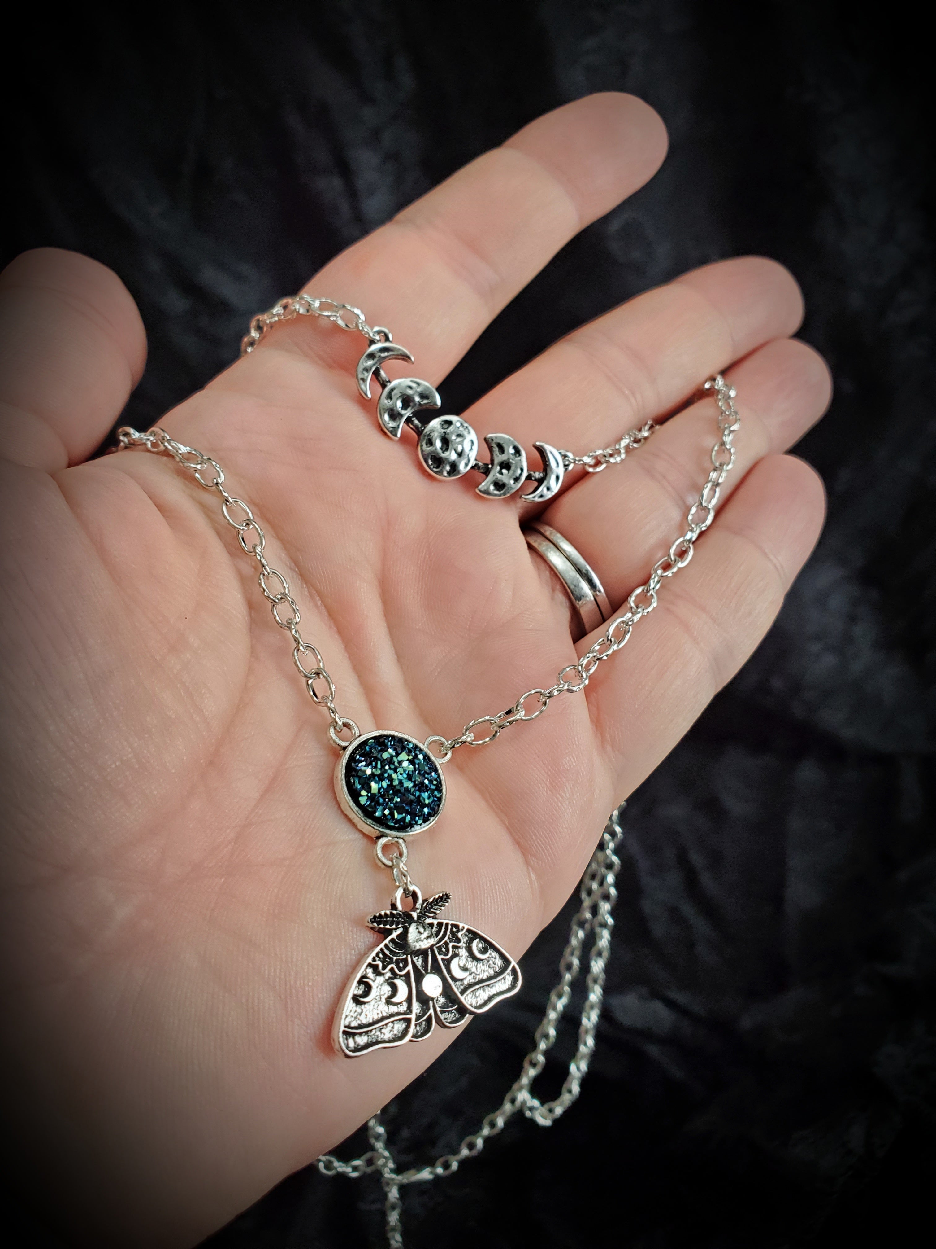 Moon Phase and Moth - double layer necklace