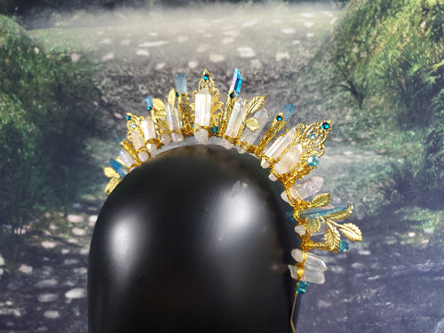 Blue and White Burst - Gold Sunburst Filigree Crystal Crown Tiara
