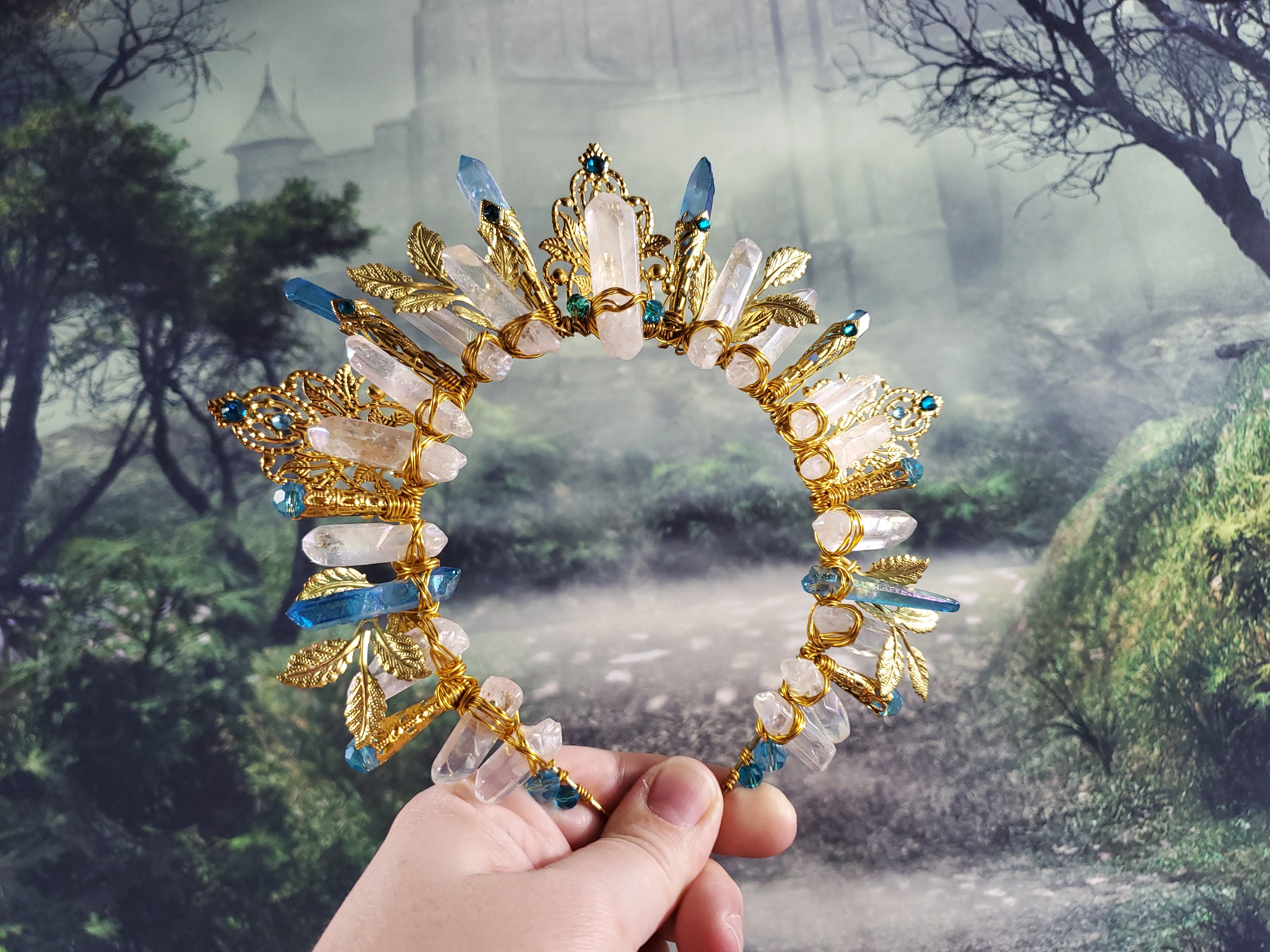 Blue and White Burst - Gold Sunburst Filigree Crystal Crown Tiara