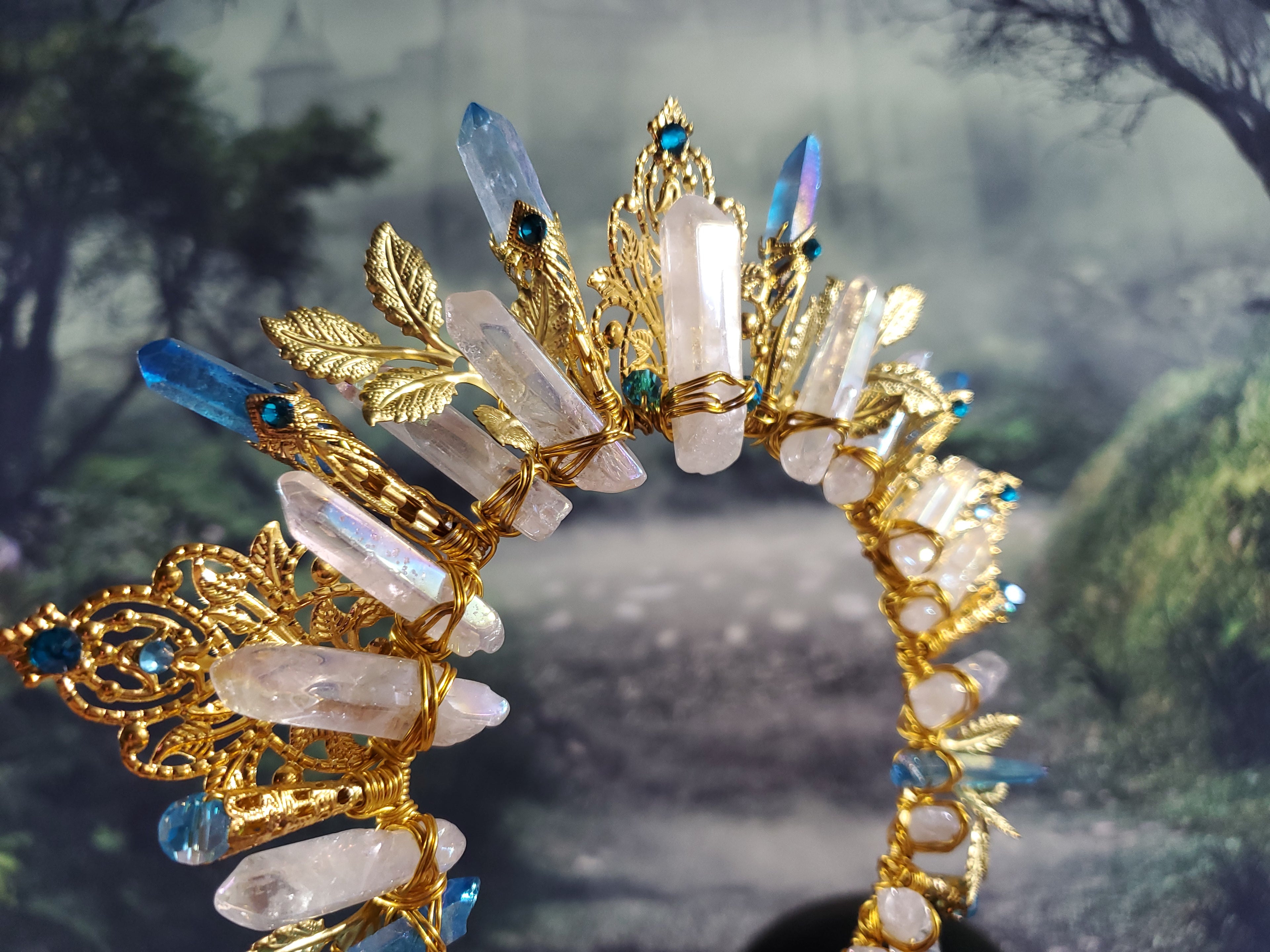 Blue and White Burst - Gold Sunburst Filigree Crystal Crown Tiara