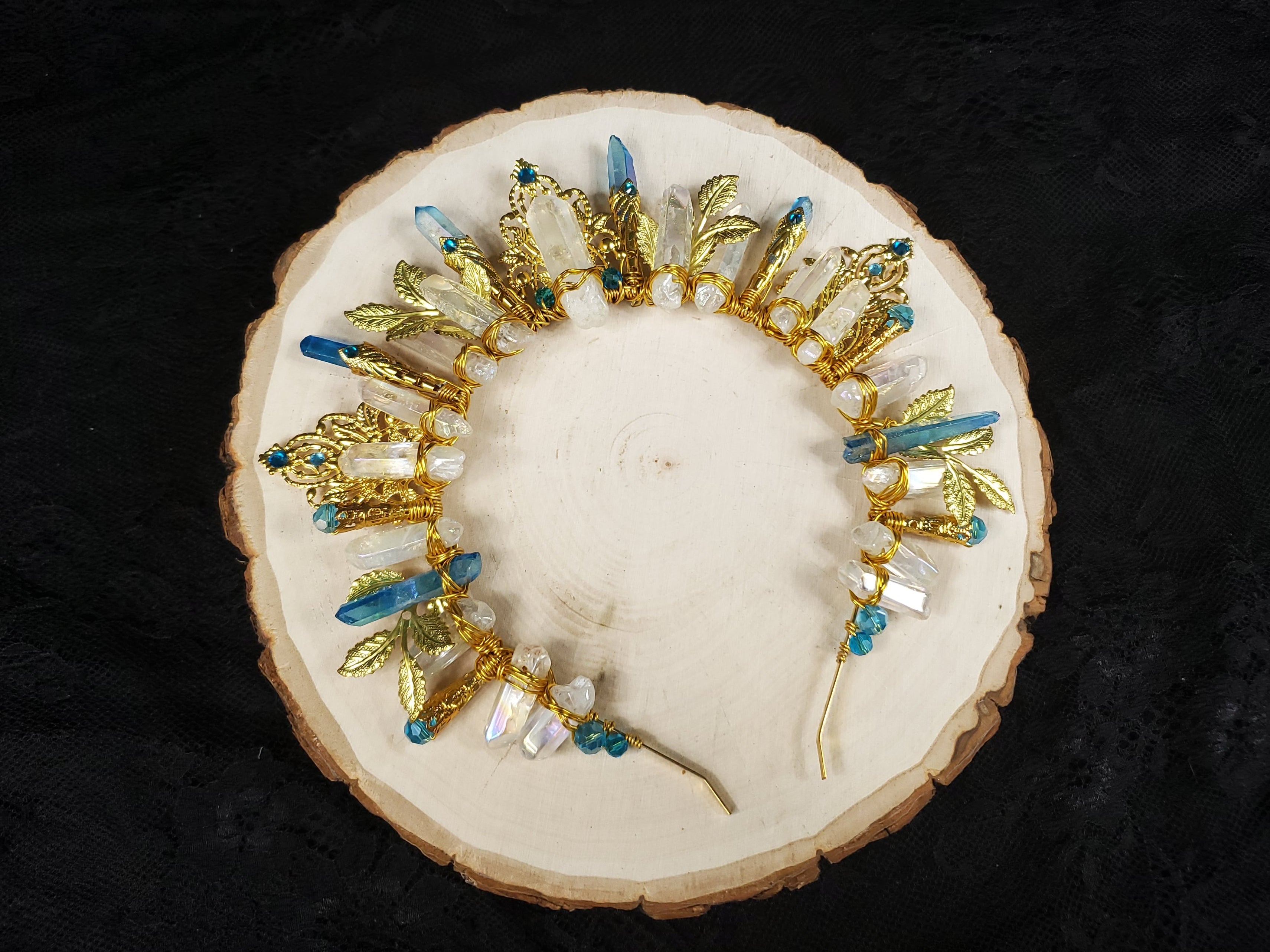 Blue and White Burst - Gold Sunburst Filigree Crystal Crown Tiara