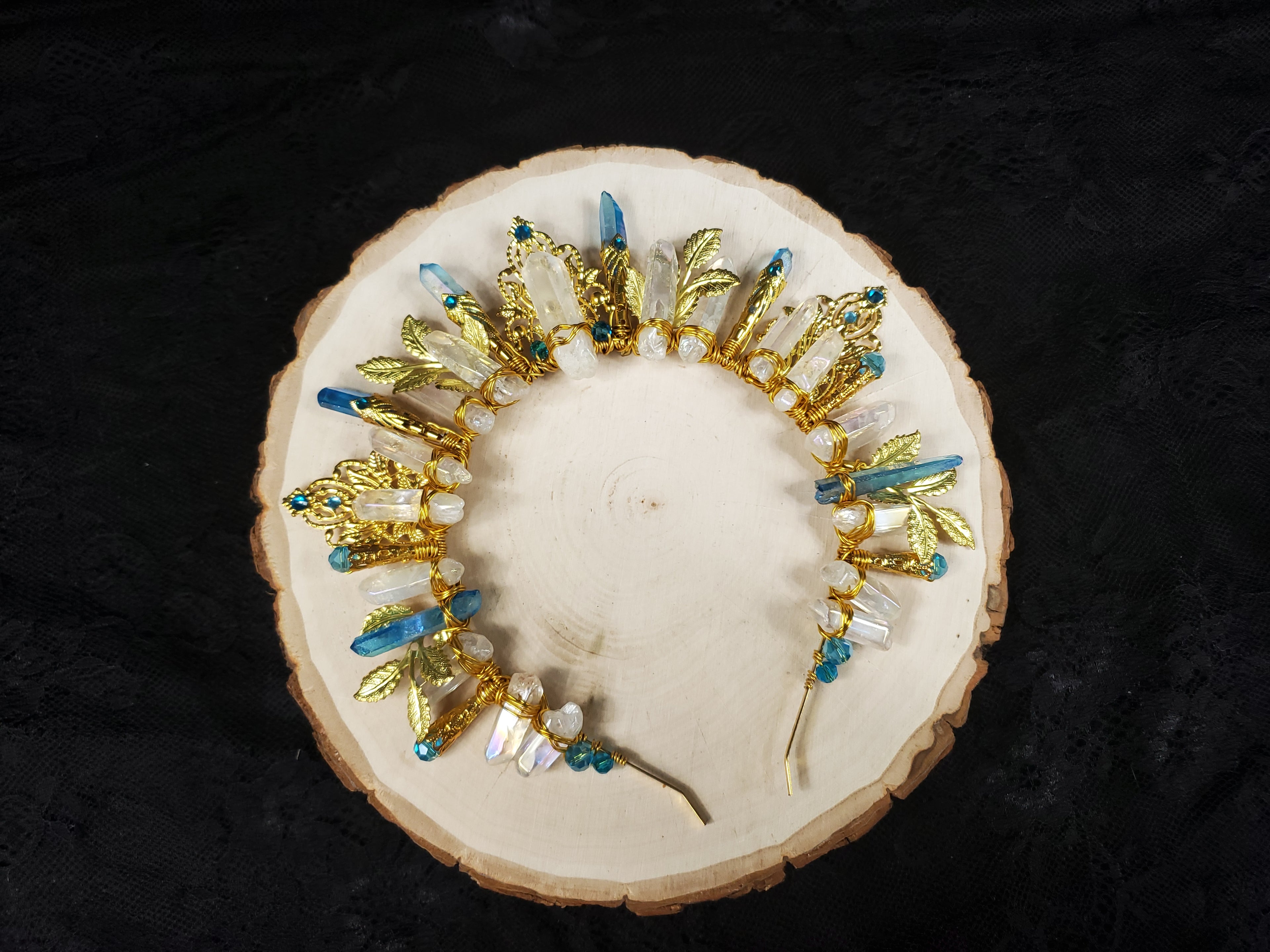 Blue and White Burst - Gold Sunburst Filigree Crystal Crown Tiara