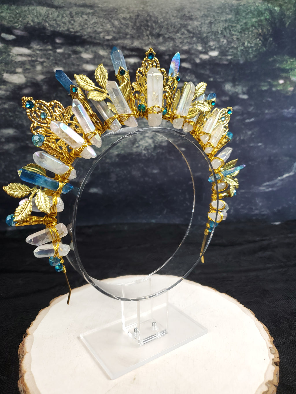 Blue and White Burst - Gold Sunburst Filigree Crystal Crown Tiara