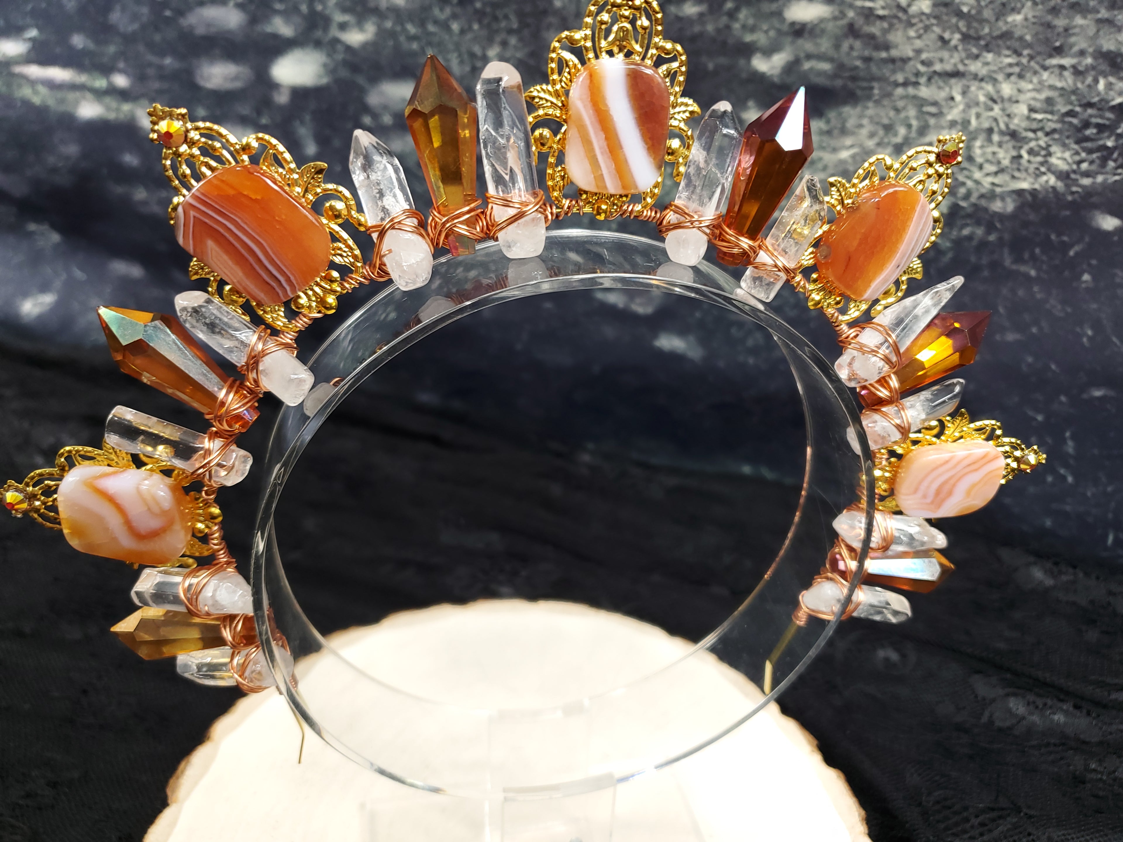Carnelian Burst - Gold Sunburst Filigree Crystal Crown Tiara