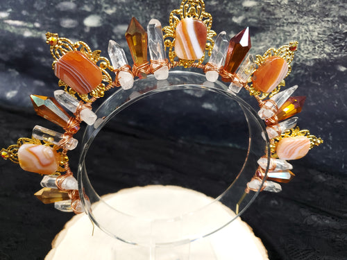 Carnelian Burst - Gold Sunburst Filigree Crystal Crown Tiara