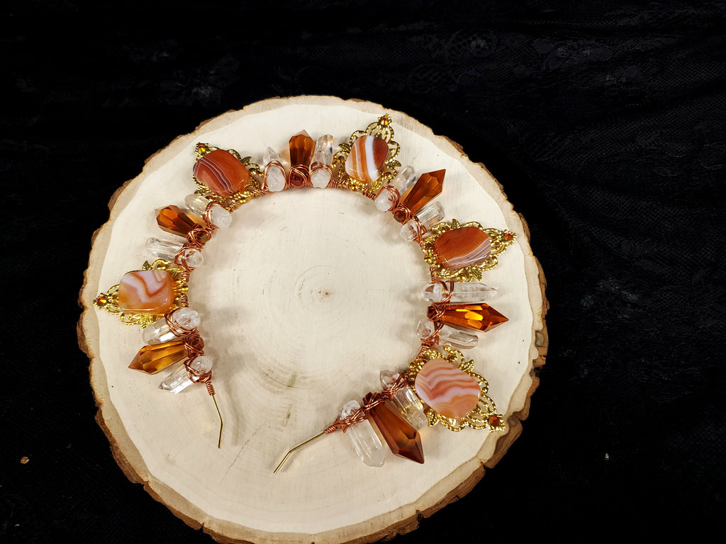 Carnelian Burst - Gold Sunburst Filigree Crystal Crown Tiara
