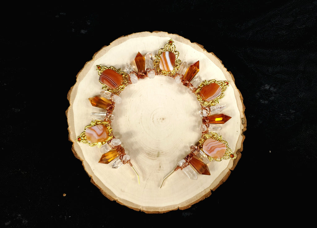 Carnelian Burst - Gold Sunburst Filigree Crystal Crown Tiara