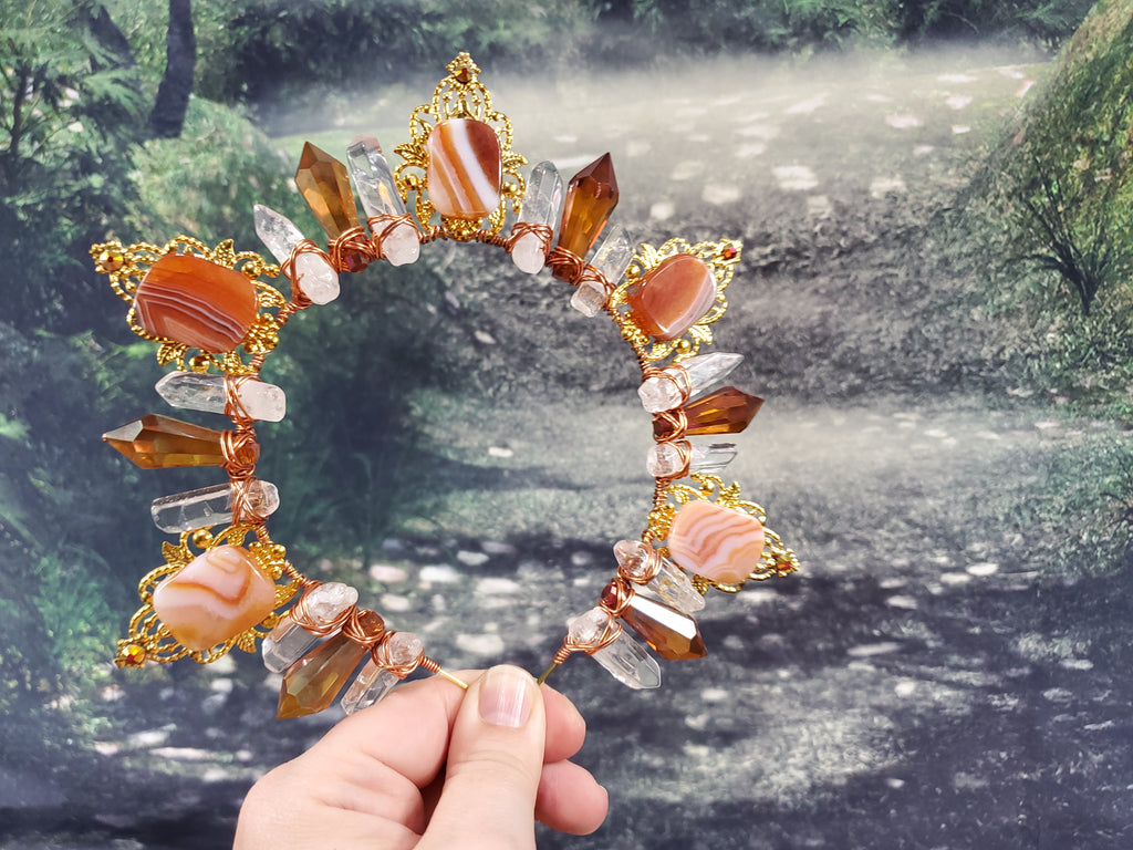 Carnelian Burst - Gold Sunburst Filigree Crystal Crown Tiara