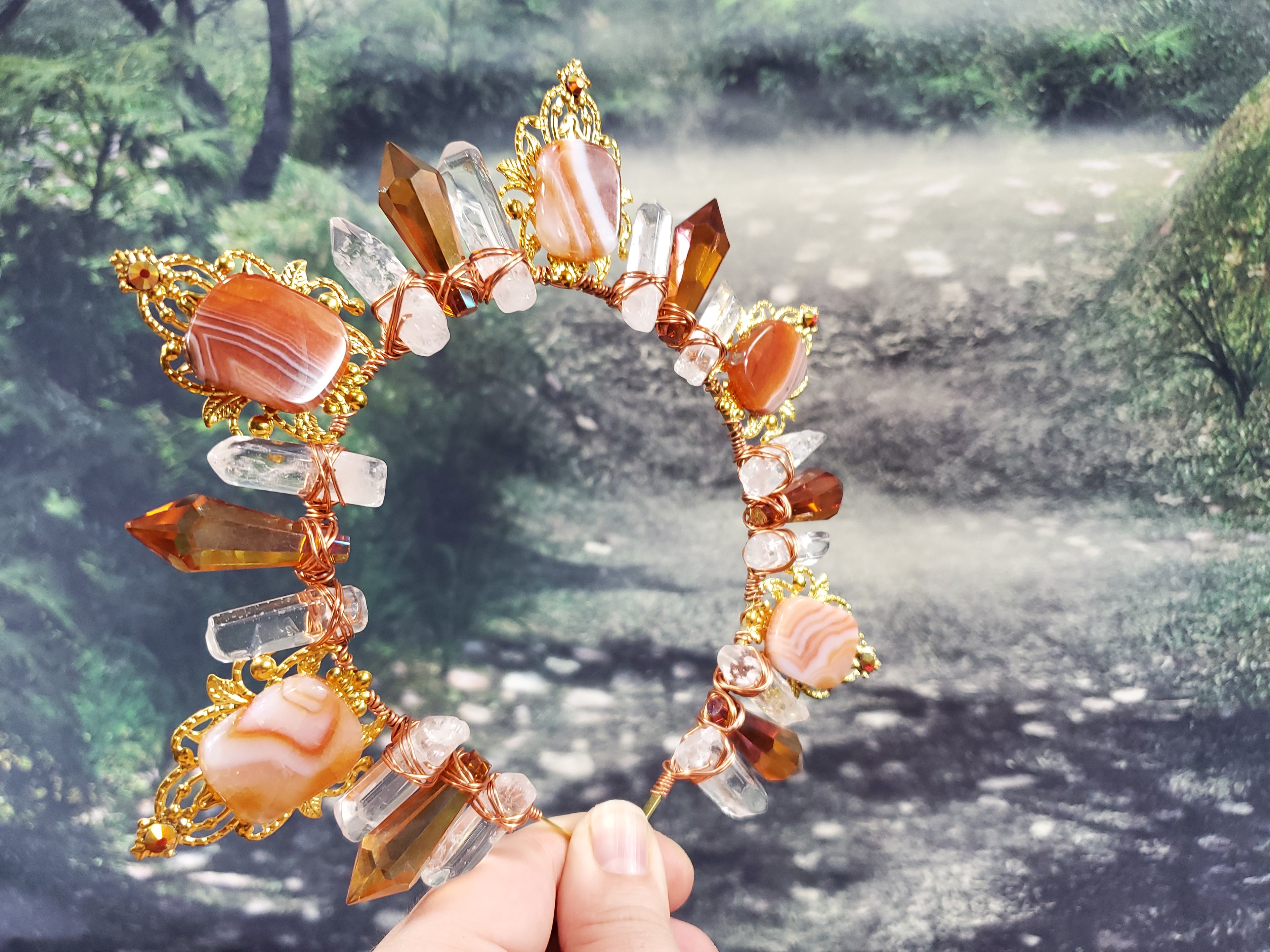 Carnelian Burst - Gold Sunburst Filigree Crystal Crown Tiara