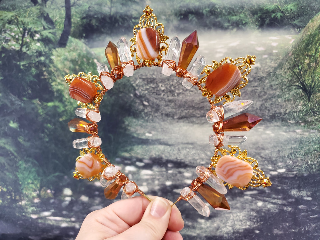 Carnelian Burst - Gold Sunburst Filigree Crystal Crown Tiara