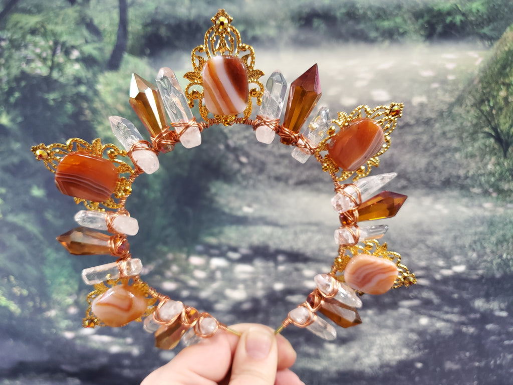 Carnelian Burst - Gold Sunburst Filigree Crystal Crown Tiara