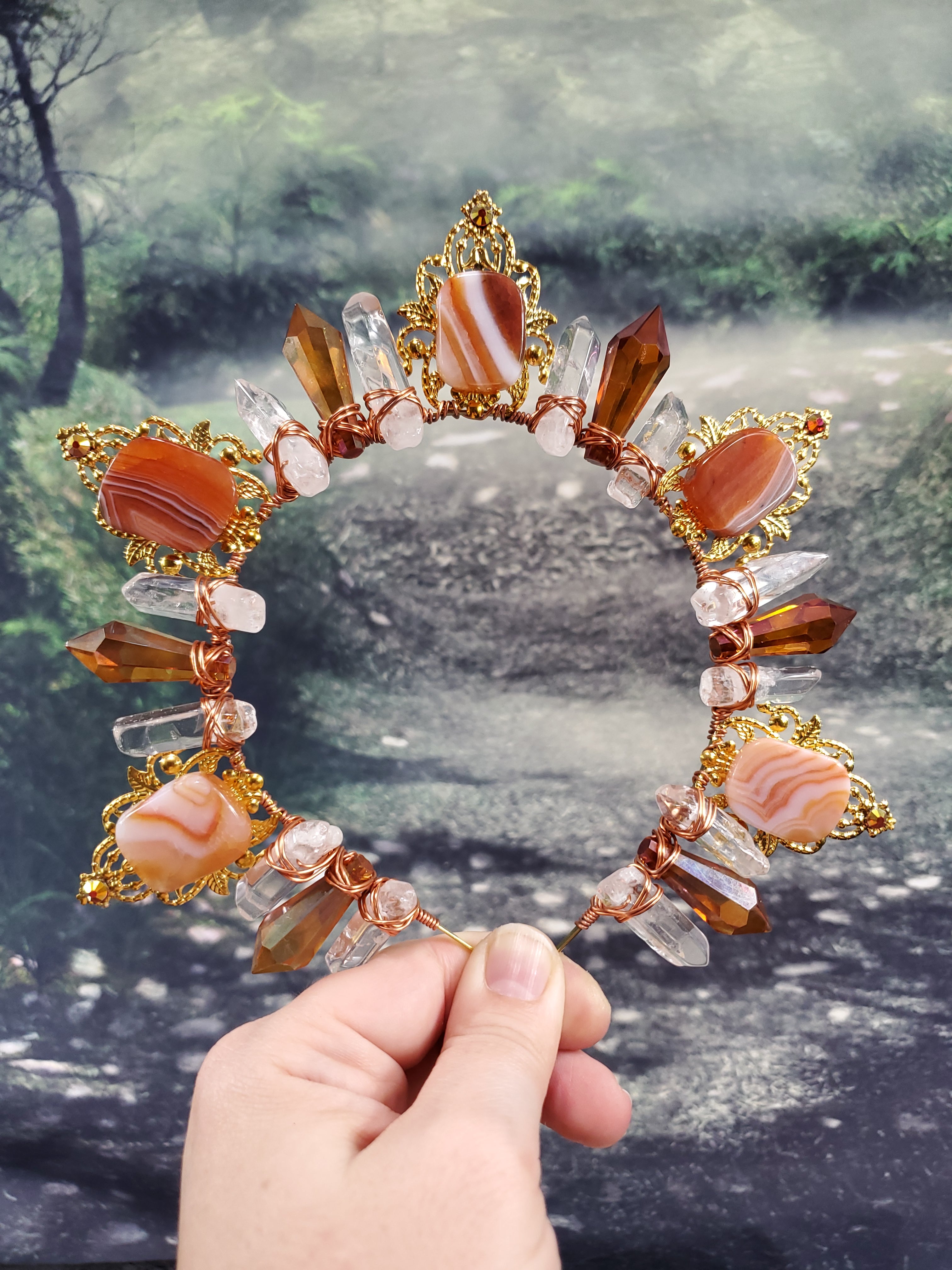 Carnelian Burst - Gold Sunburst Filigree Crystal Crown Tiara