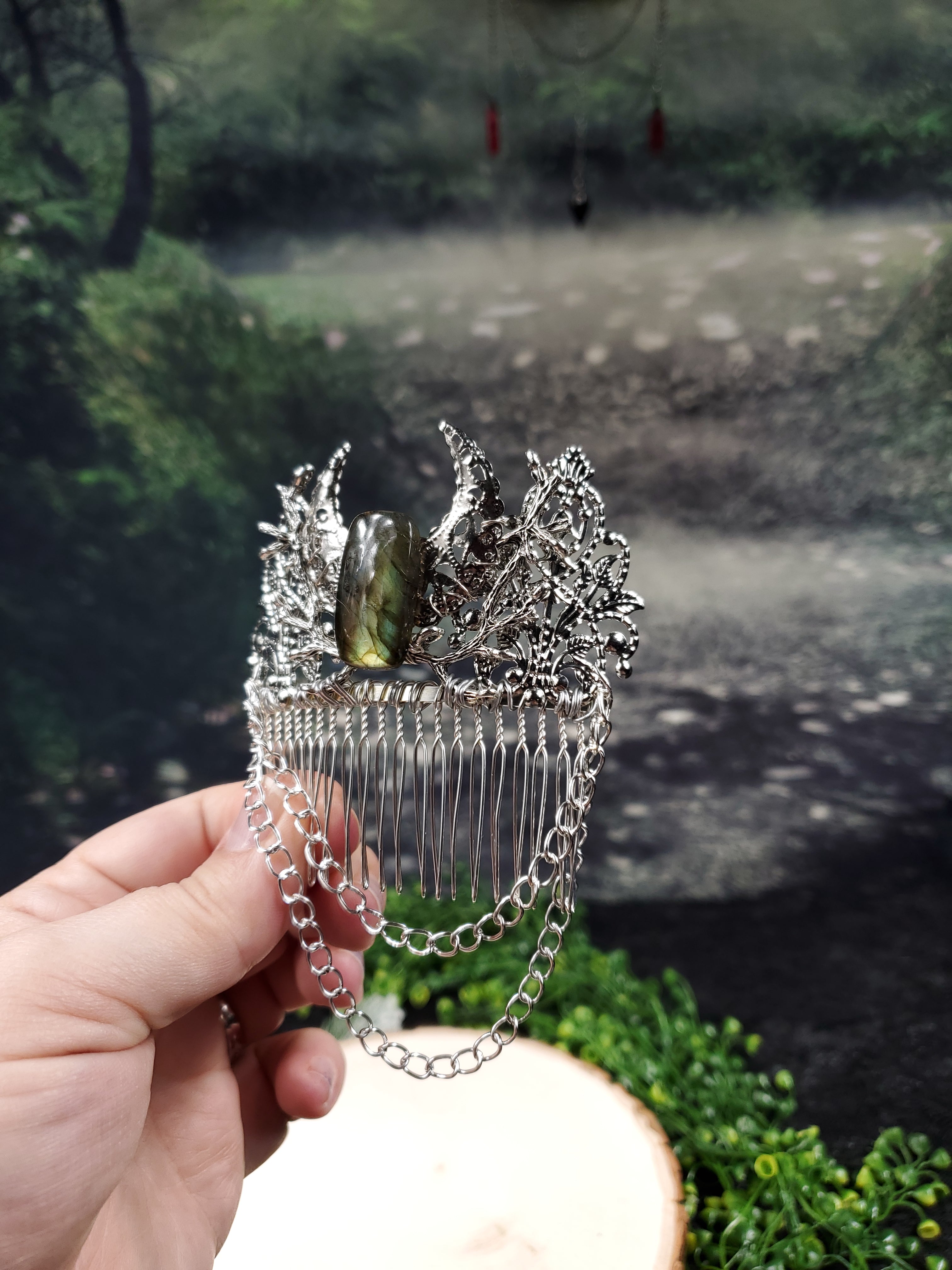 Crescent Moon and Chain Hair Comb