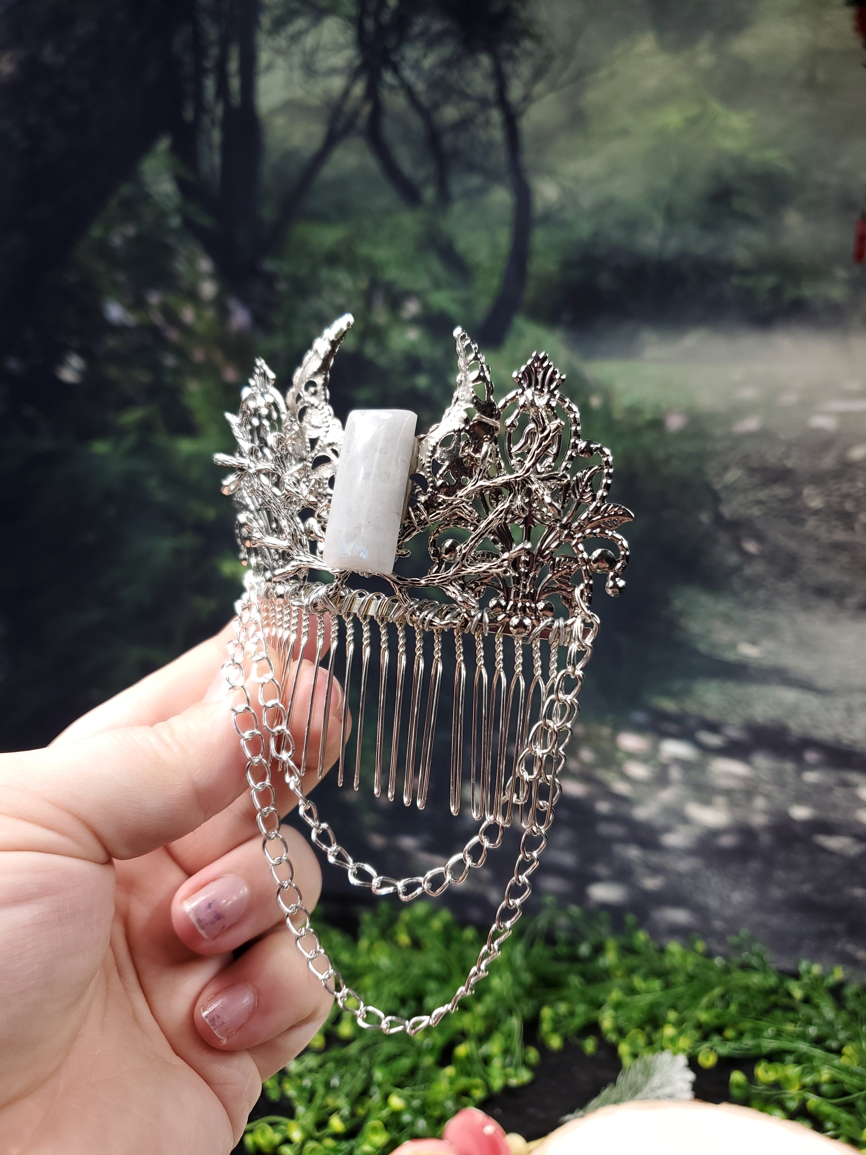 Crescent Moon and Chain Hair Comb