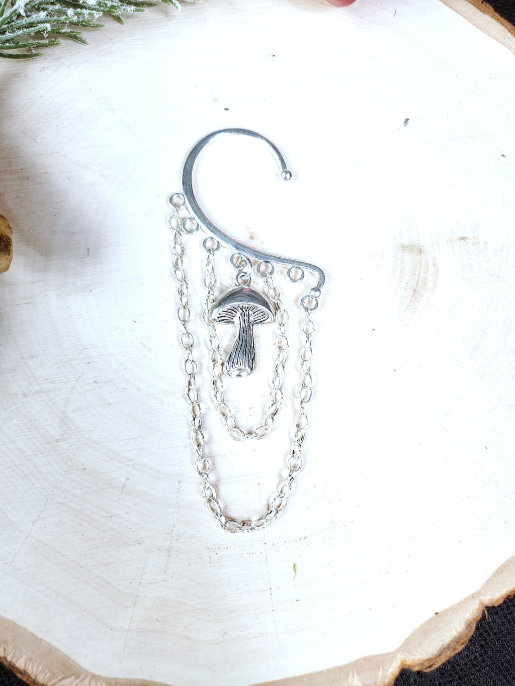 Silver Mushroom Ear Cuff - Dangle Chain Earring