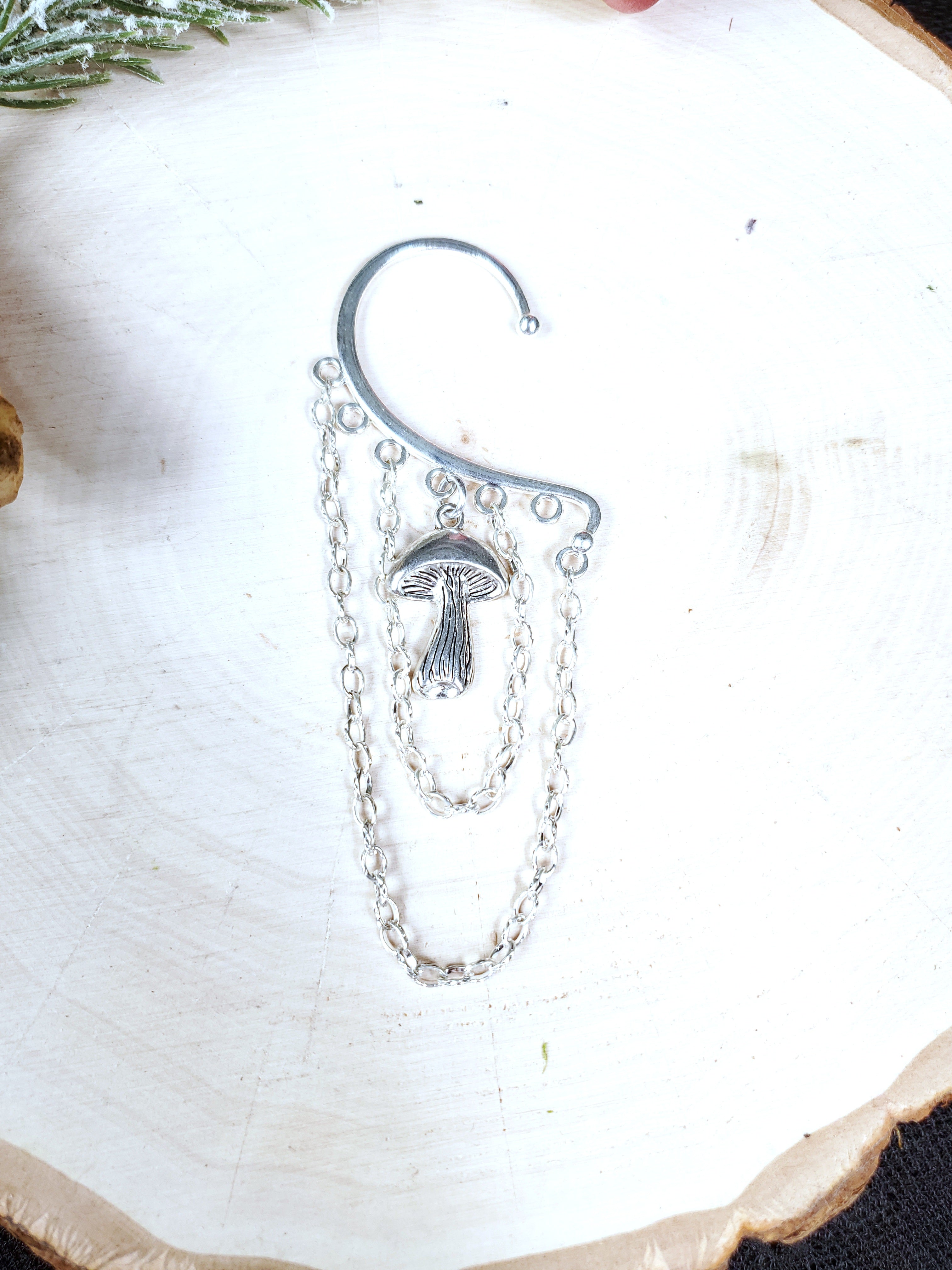 Silver Mushroom Ear Cuff - Dangle Chain Earring