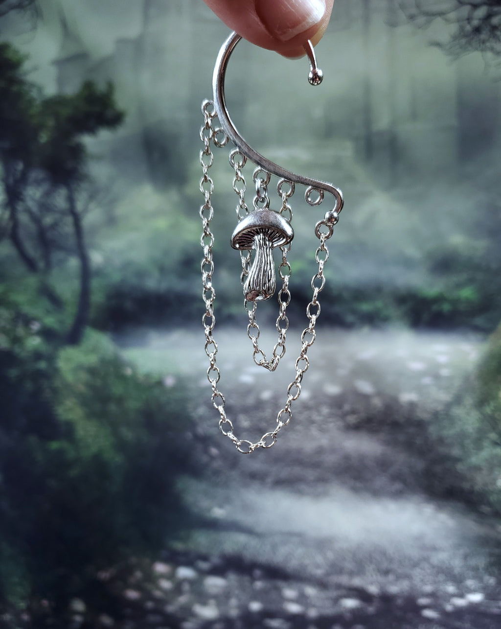 Silver Mushroom Ear Cuff - Dangle Chain Earring
