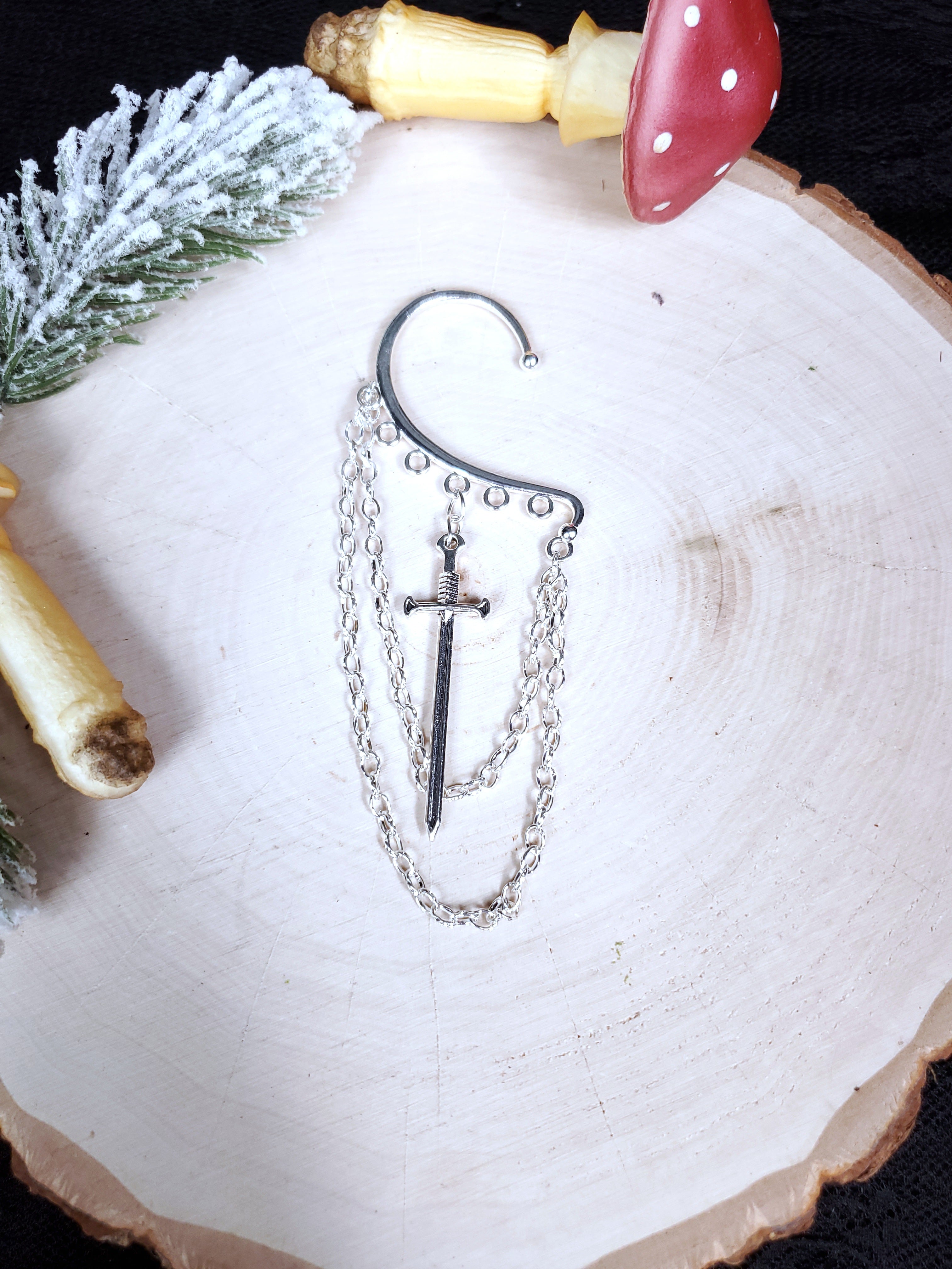 Silver Sword Ear Cuff - Dangle Chain Earring