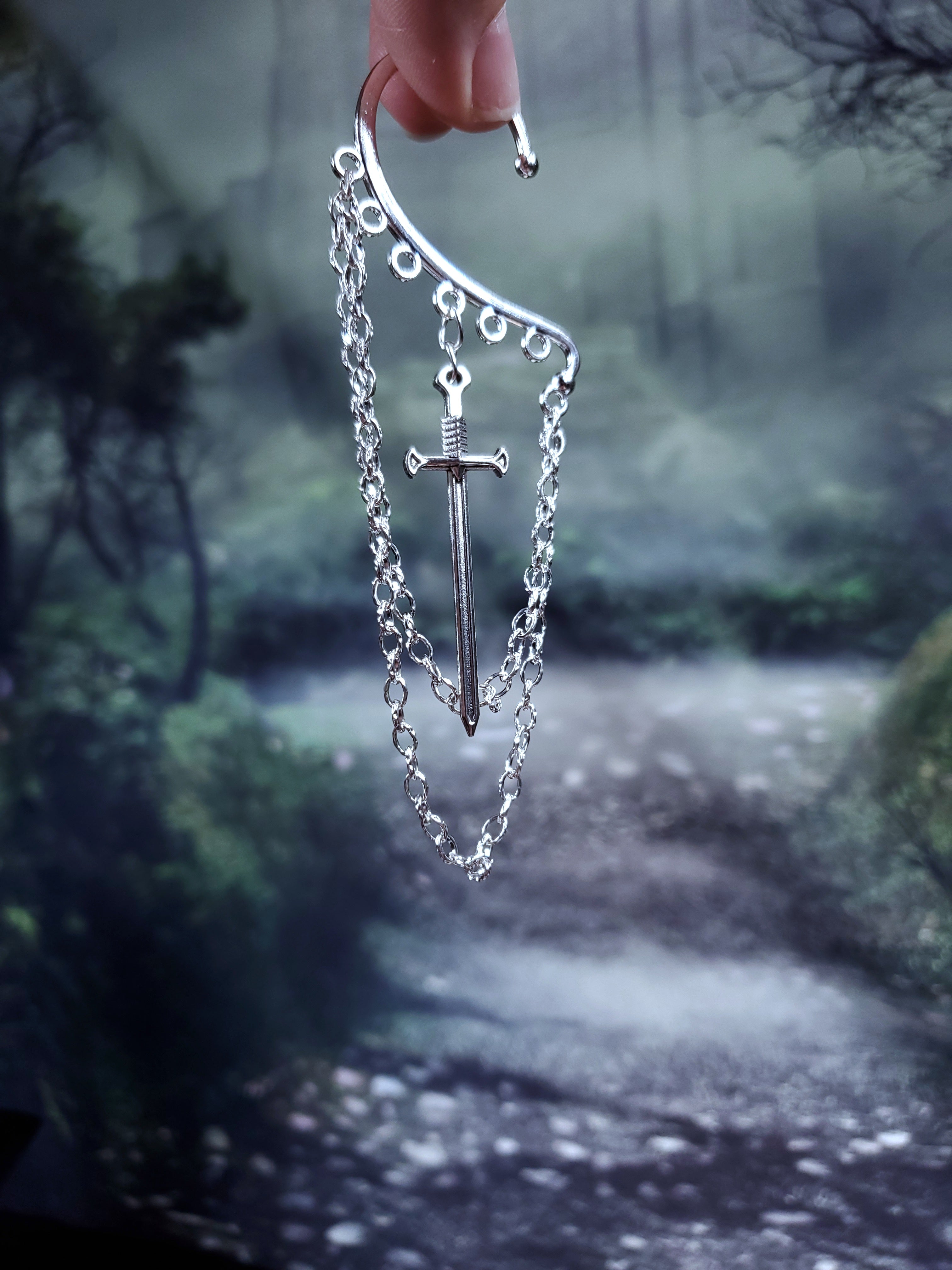 Silver Sword Ear Cuff - Dangle Chain Earring