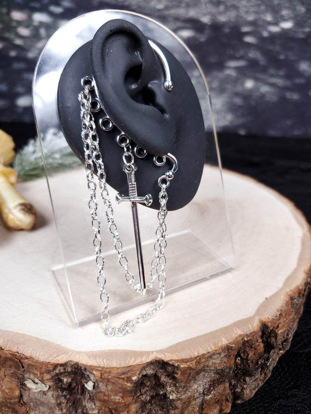 Silver Sword Ear Cuff - Dangle Chain Earring