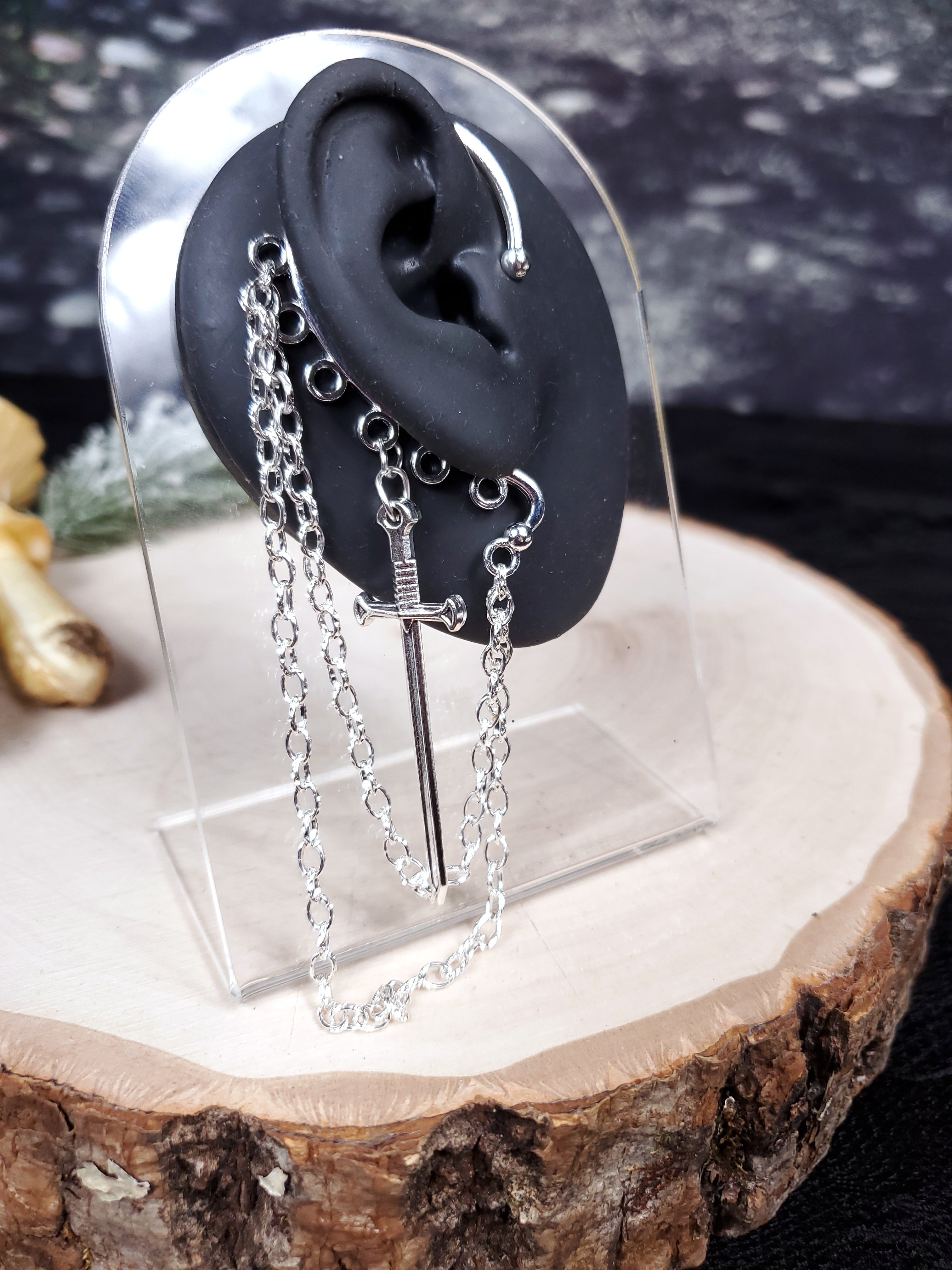 Silver Sword Ear Cuff - Dangle Chain Earring