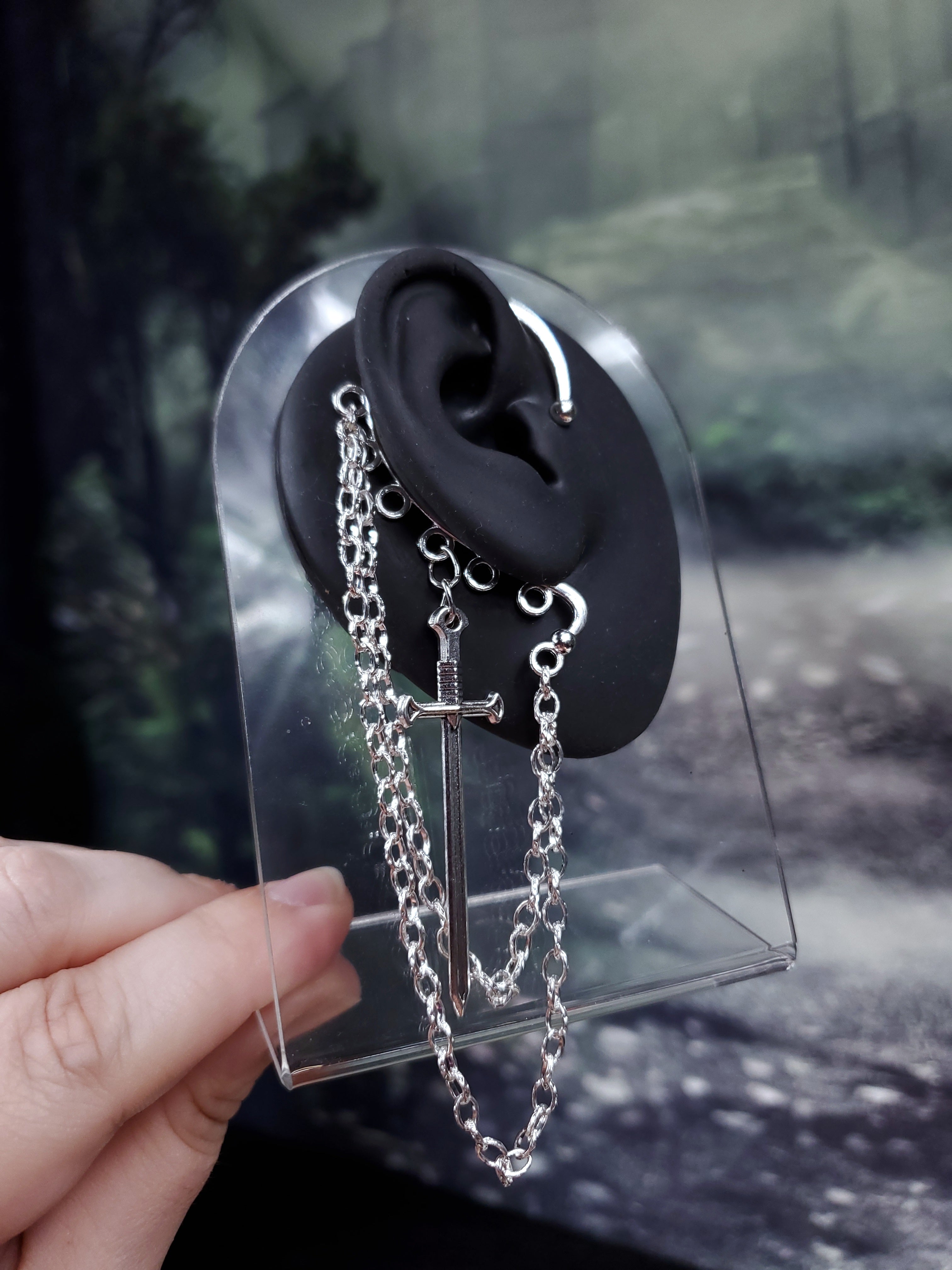 Silver Sword Ear Cuff - Dangle Chain Earring