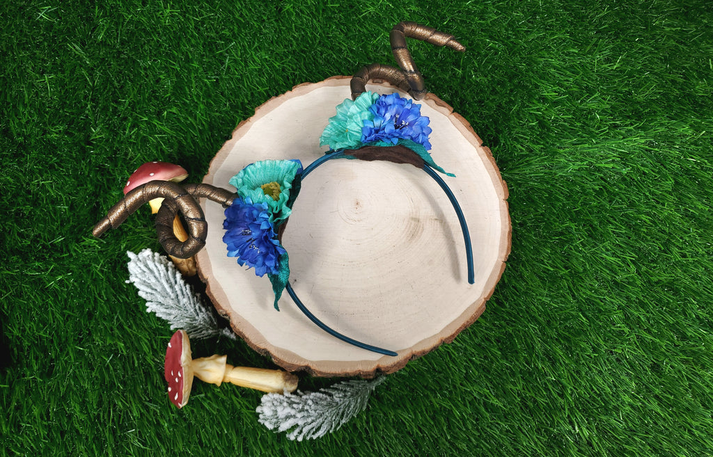 Floral Horned Headband - Teal and Blue