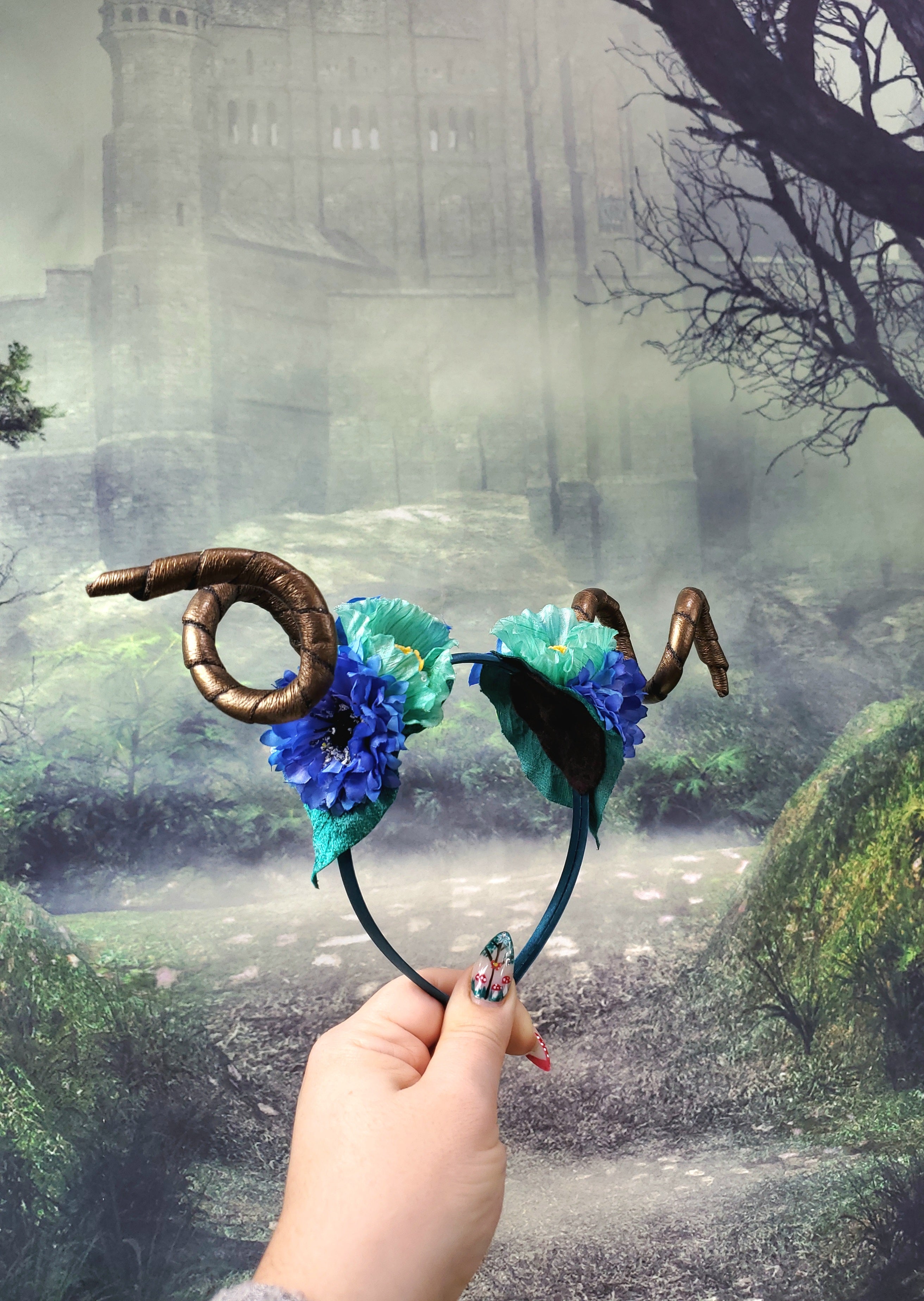 Floral Horned Headband - Teal and Blue