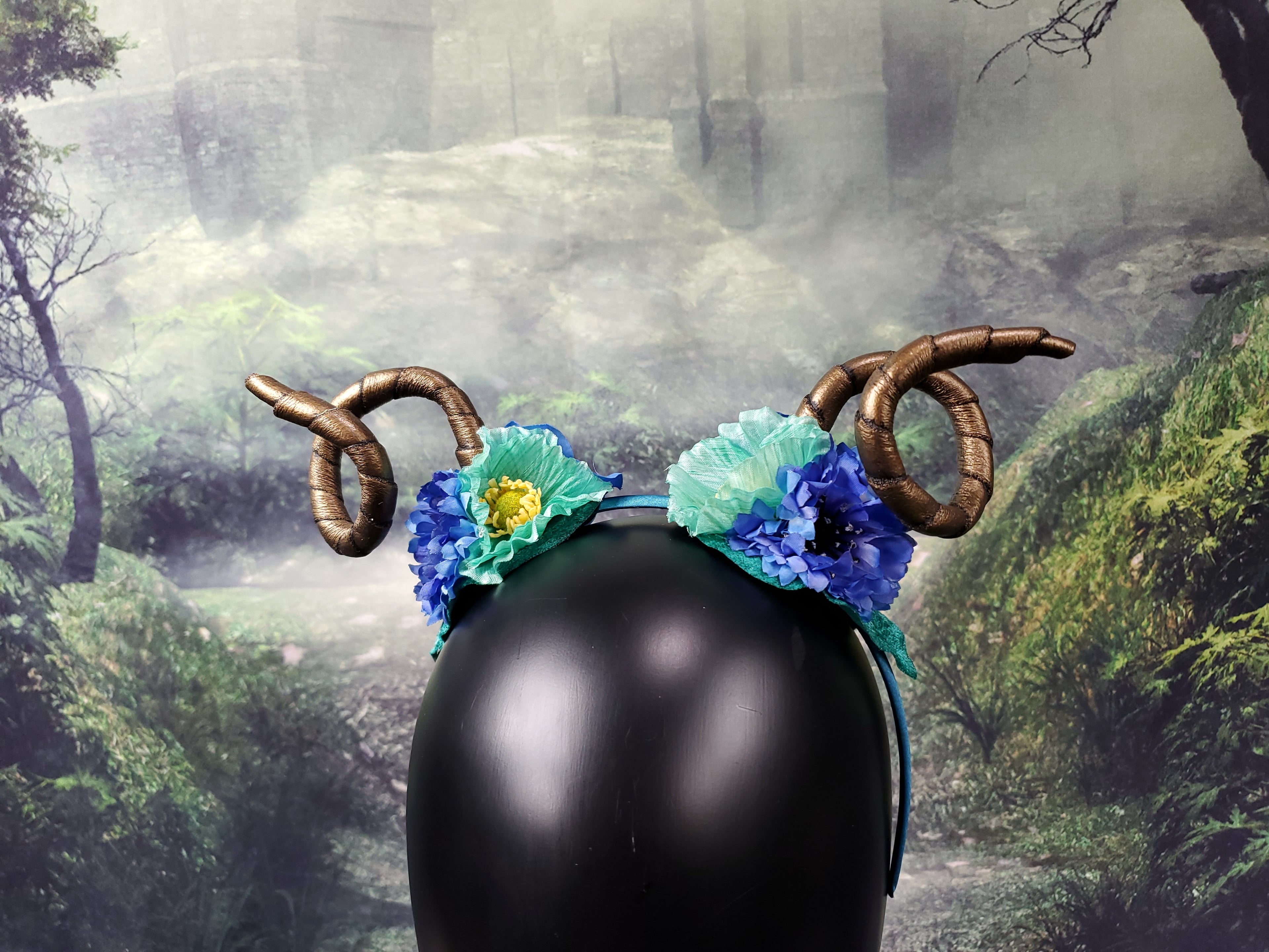 Floral Horned Headband - Teal and Blue