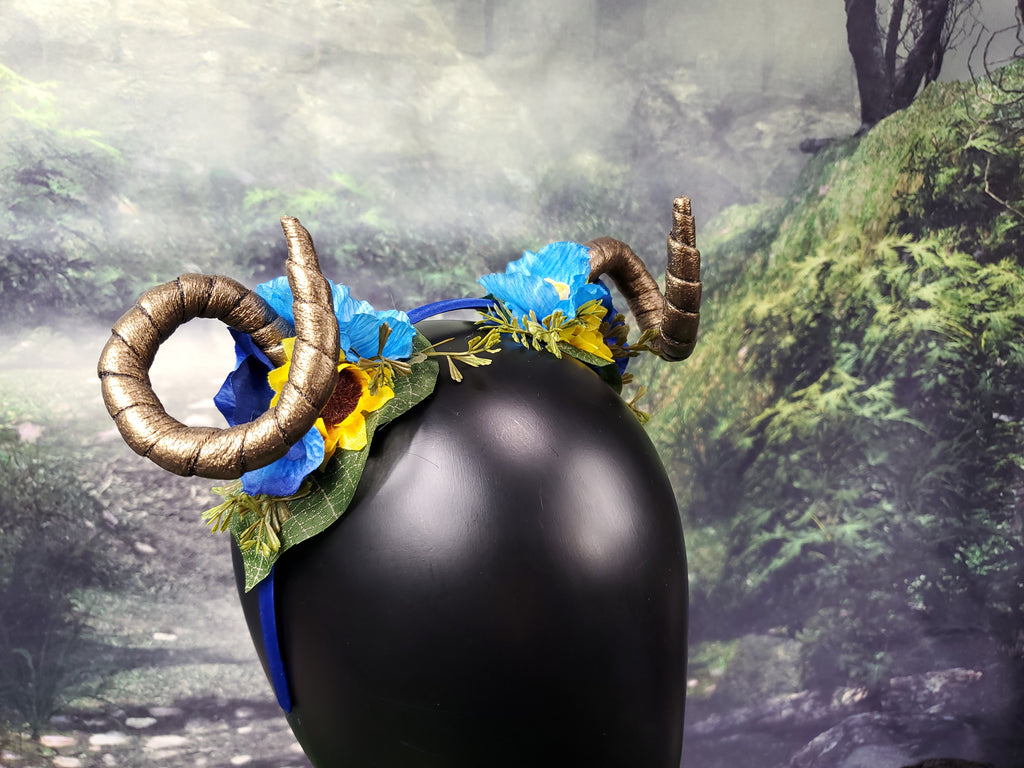 Floral Horned Headband - Blue with Yellow Sunflowers