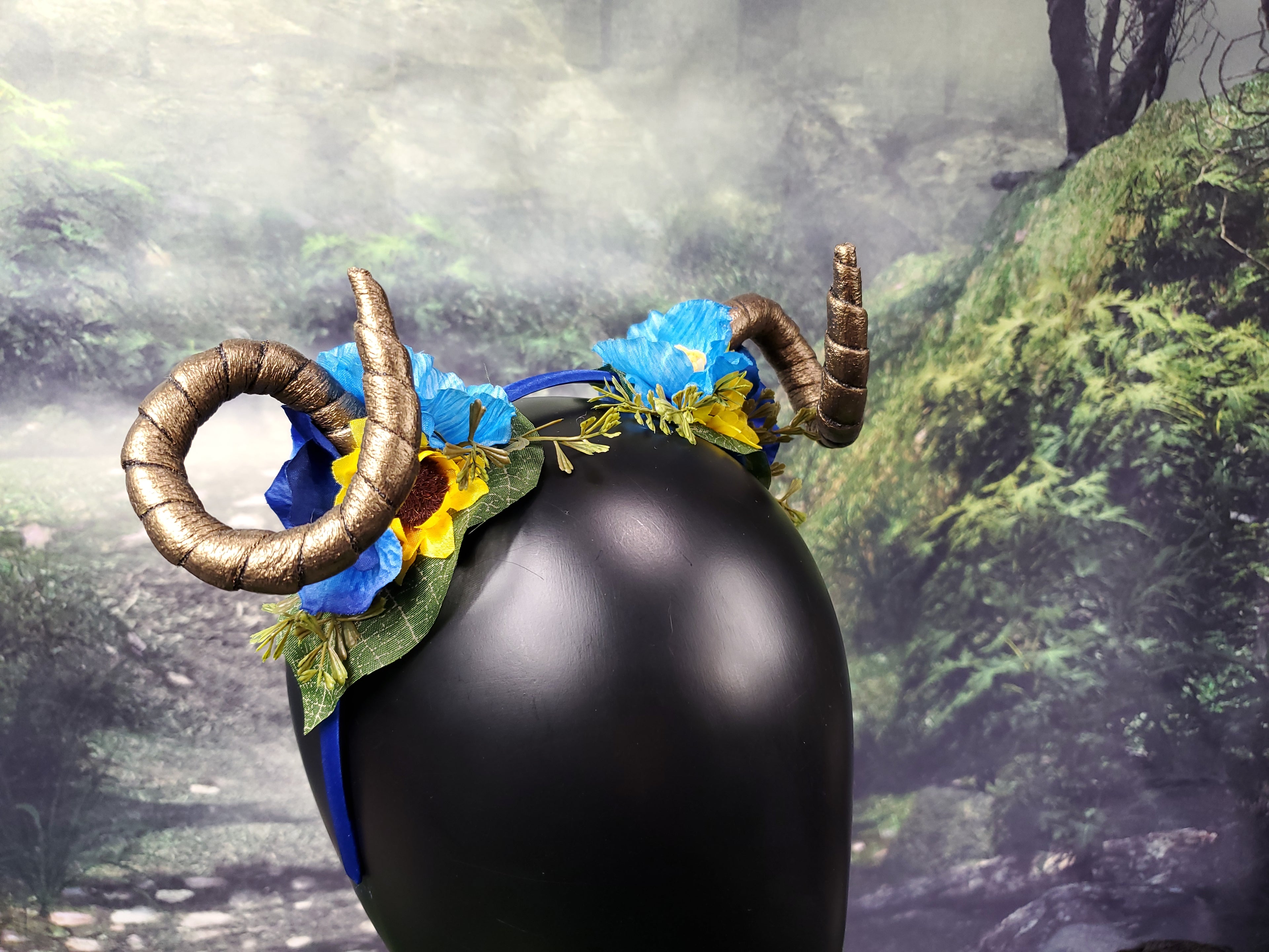 Floral Horned Headband - Blue with Yellow Sunflowers