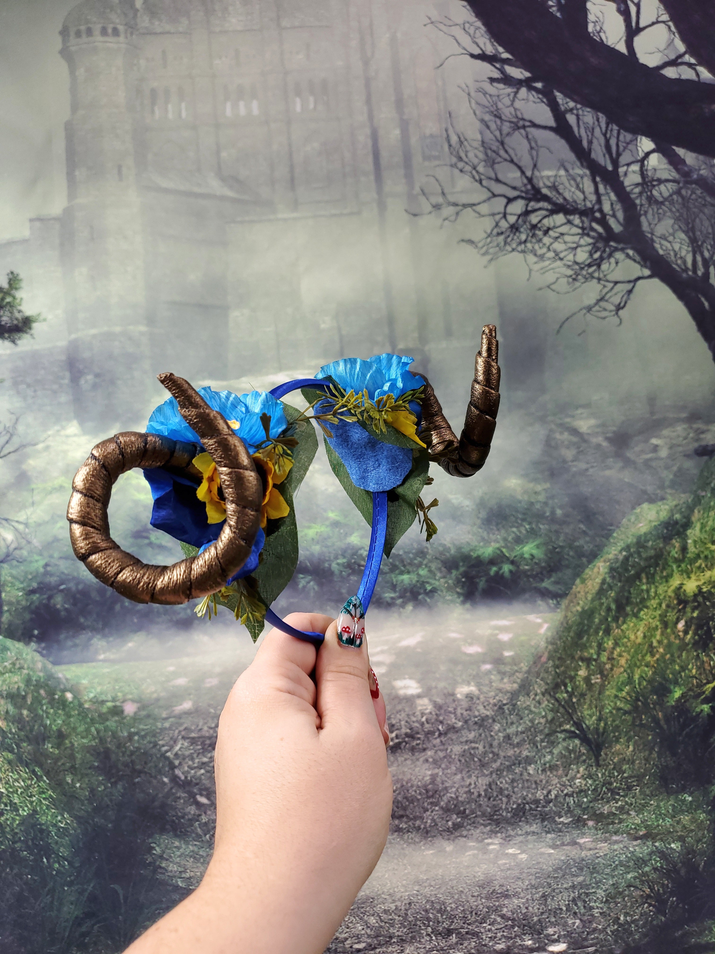 Floral Horned Headband - Blue with Yellow Sunflowers