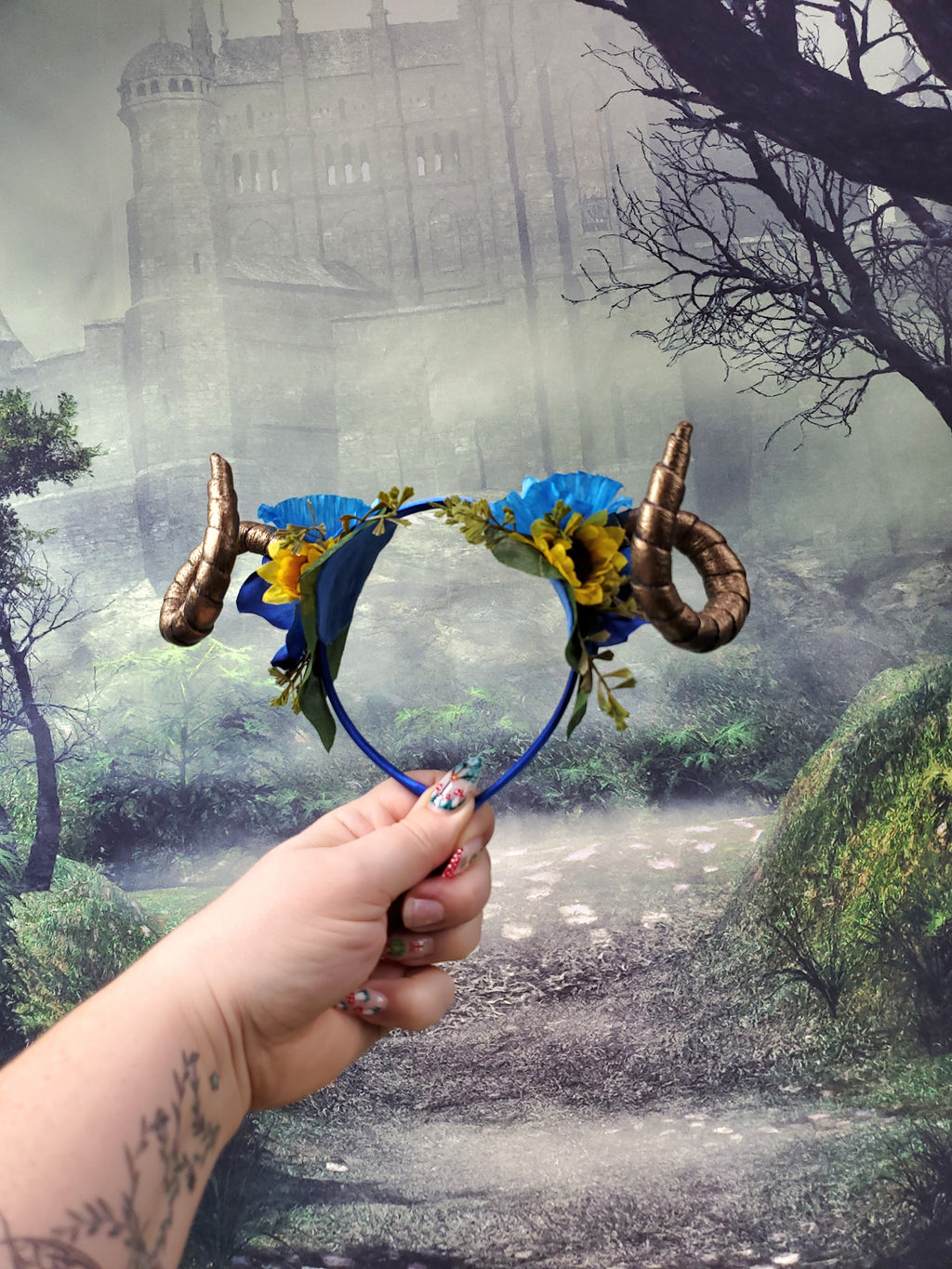Floral Horned Headband - Blue with Yellow Sunflowers