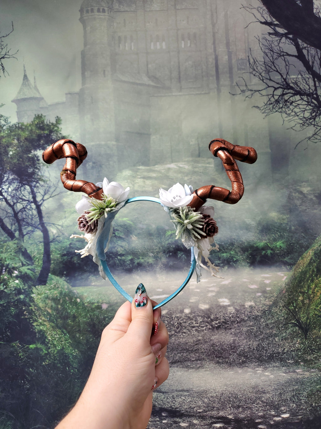 Floral Horned Headband - Copper Dragon Horns with Blue and White Winter Florals