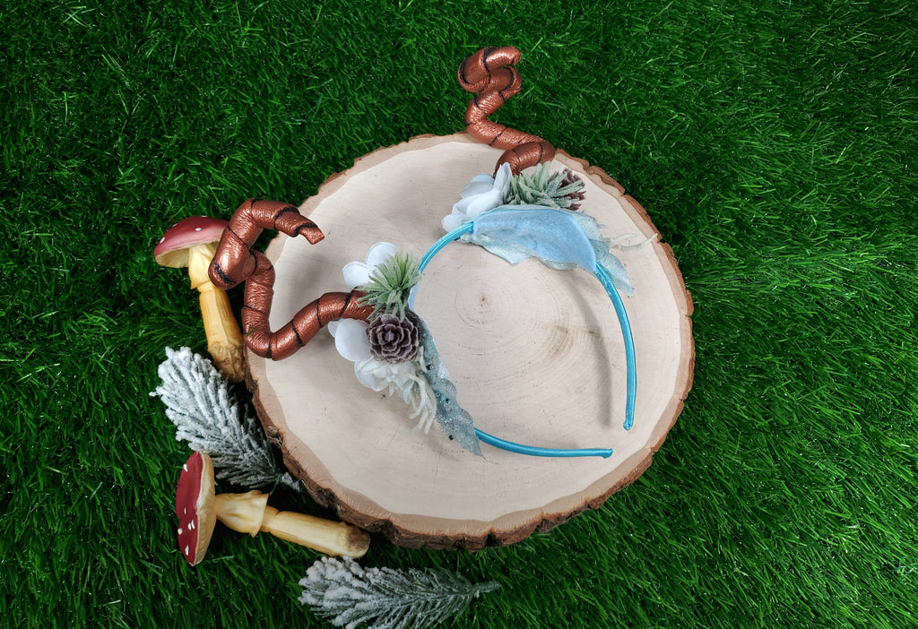 Floral Horned Headband - Copper Dragon Horns with Blue and White Winter Florals