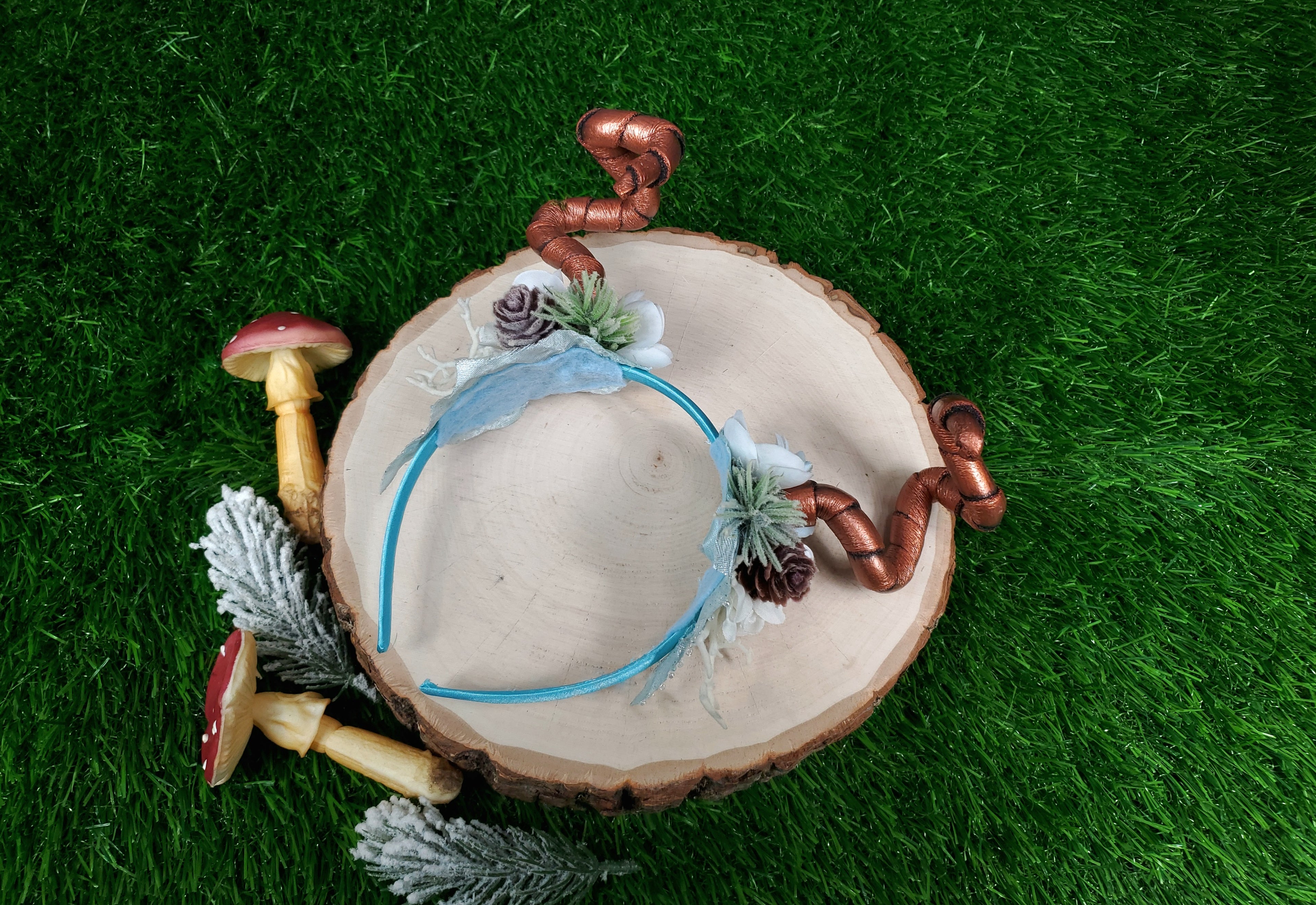 Floral Horned Headband - Copper Dragon Horns with Blue and White Winter Florals