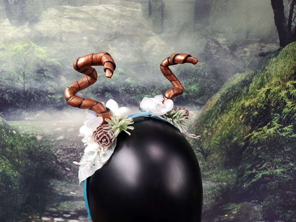 Floral Horned Headband - Copper Dragon Horns with Blue and White Winter Florals