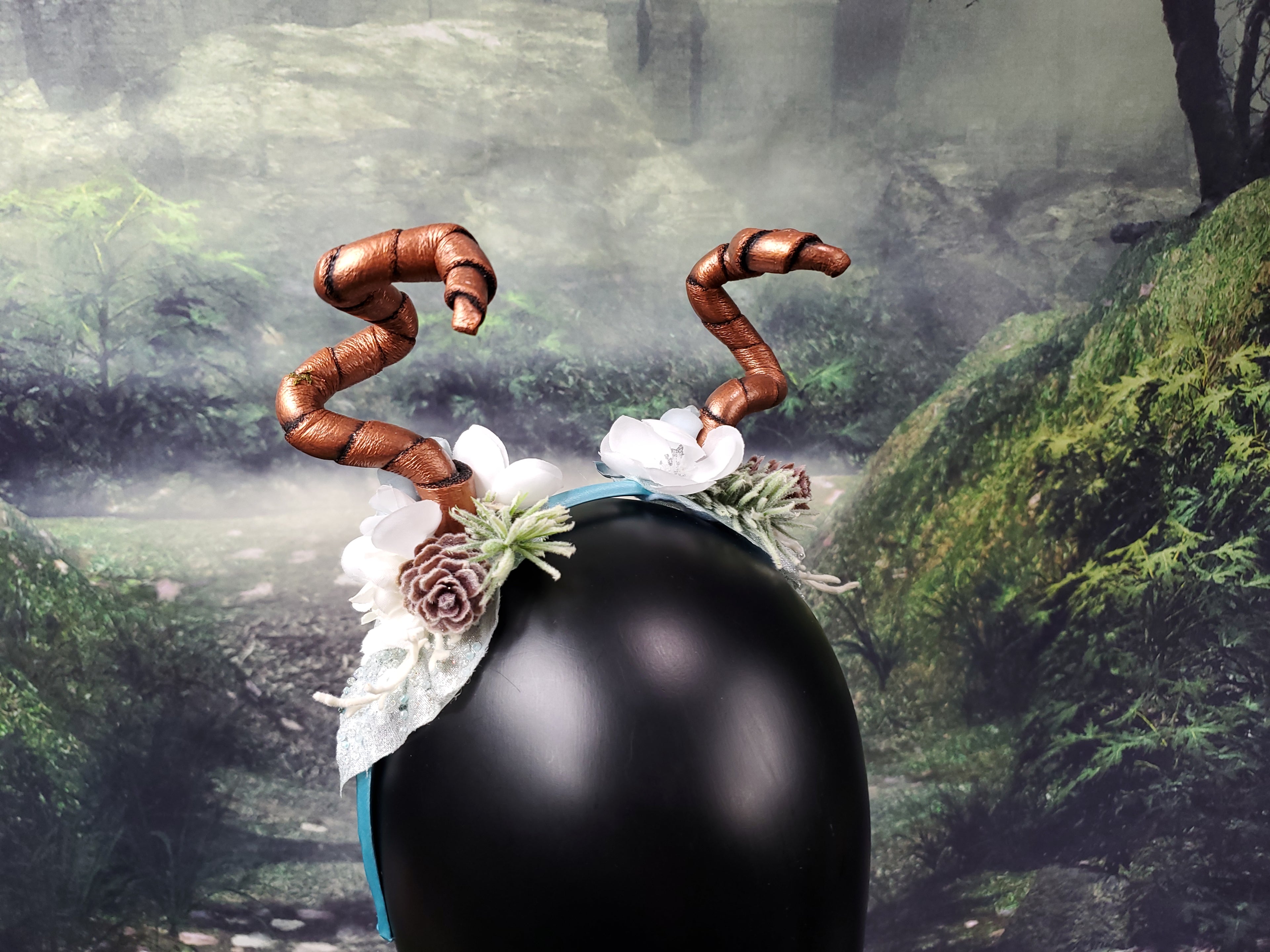 Floral Horned Headband - Copper Dragon Horns with Blue and White Winter Florals