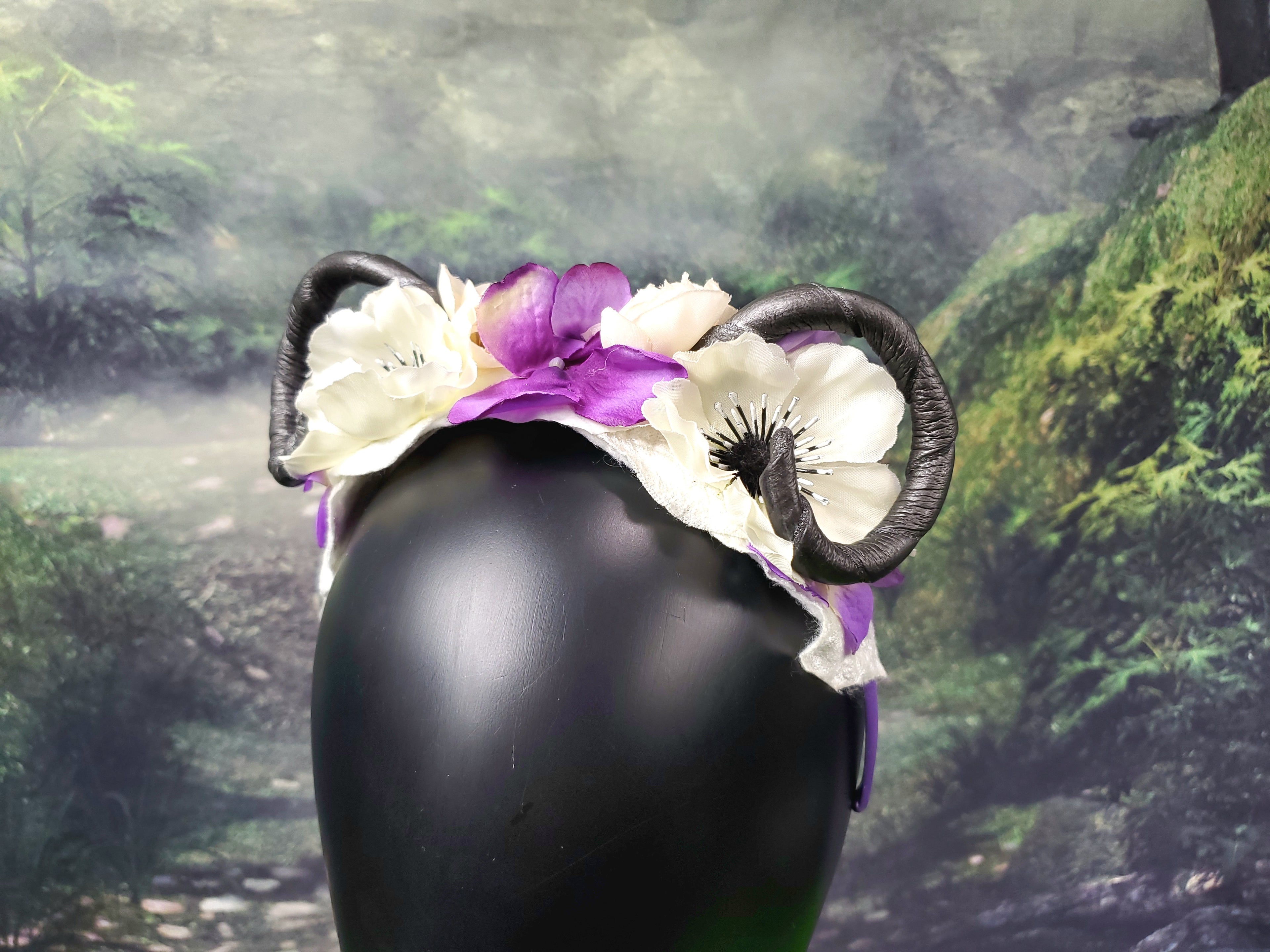Floral Horned Headband - Purple and White floral rams horns