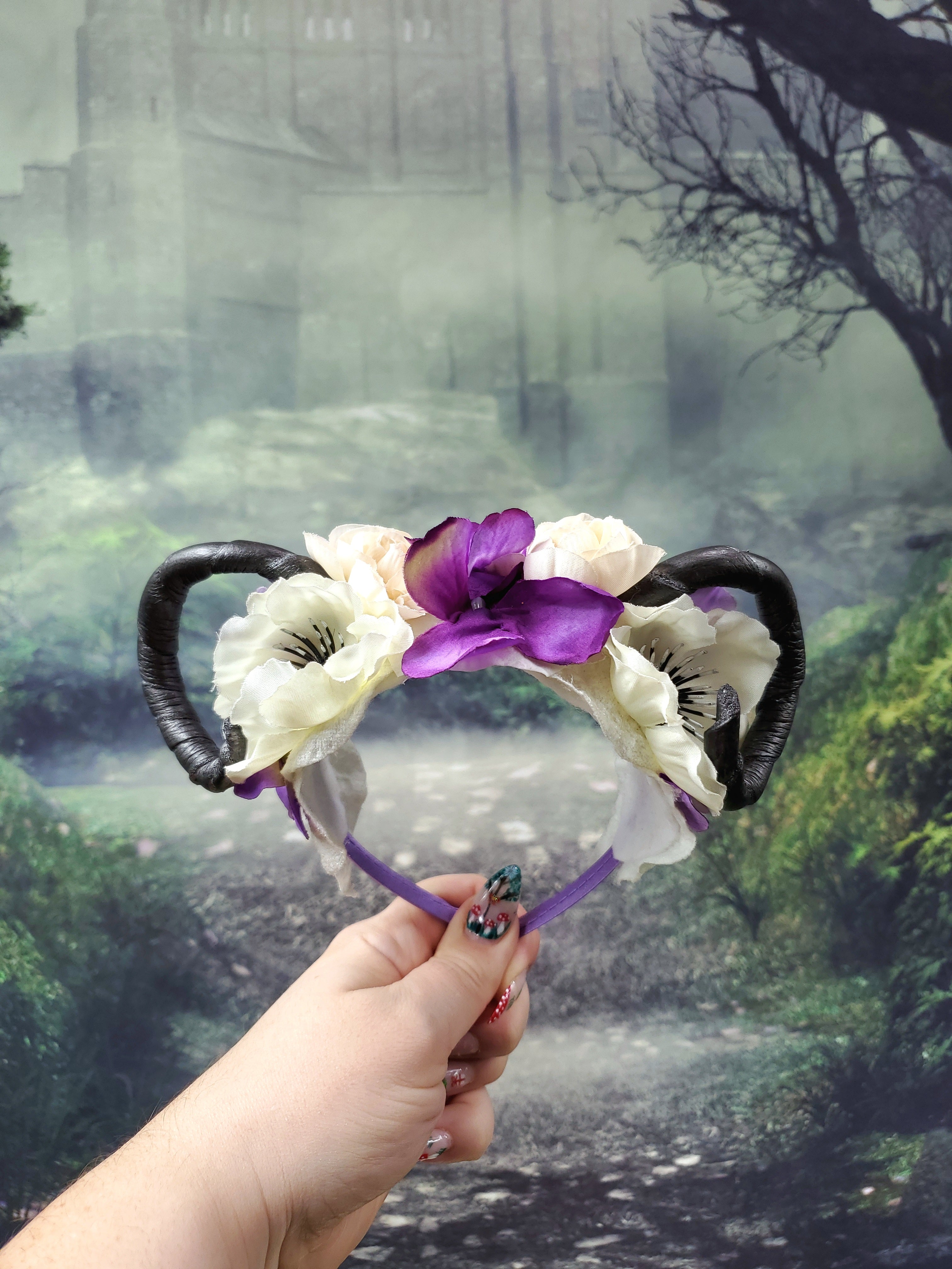 Floral Horned Headband - Purple and White floral rams horns