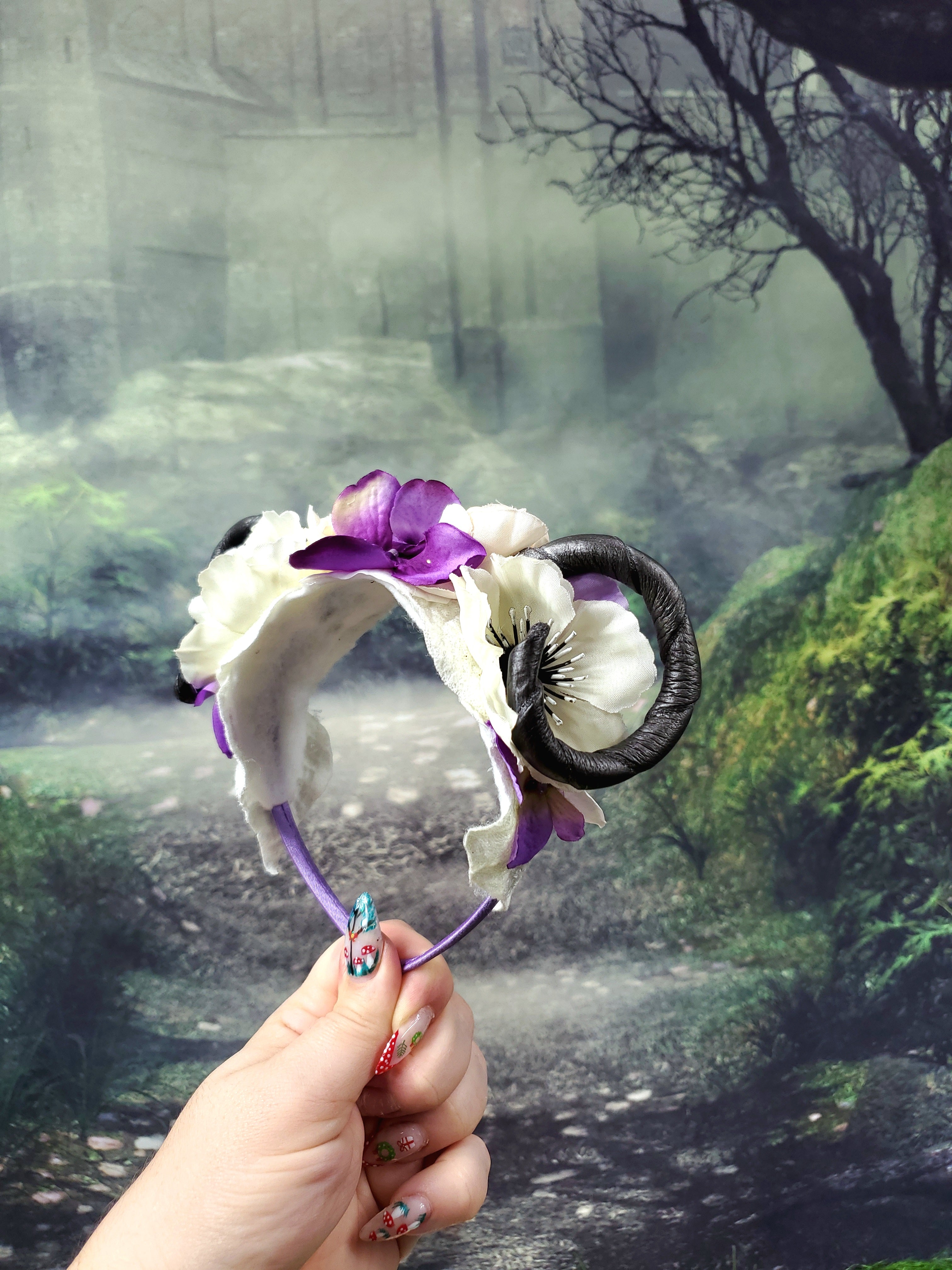 Floral Horned Headband - Purple and White floral rams horns