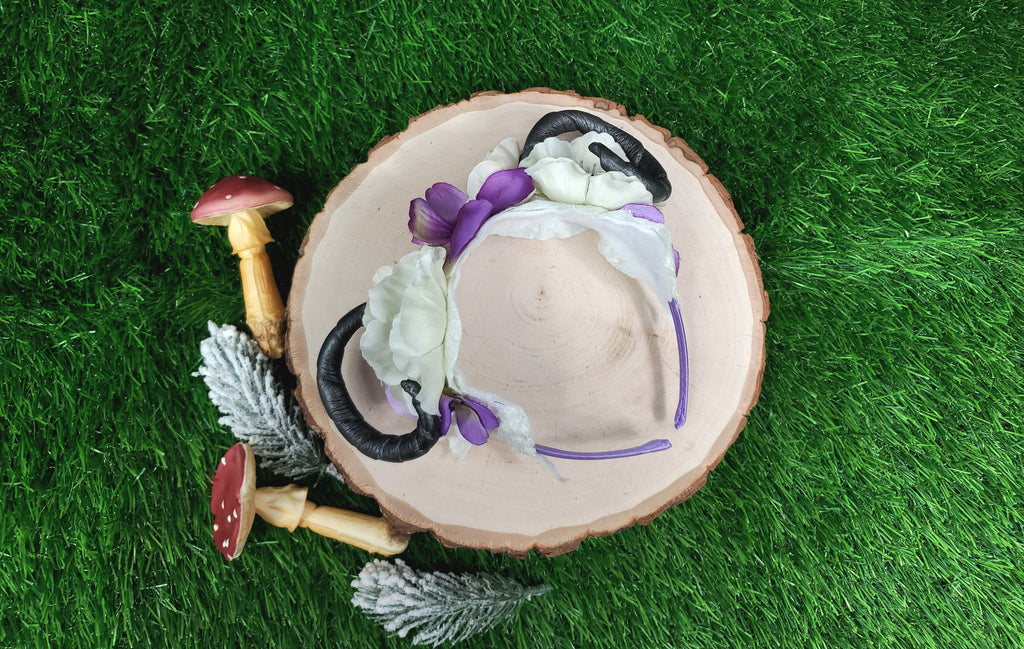 Floral Horned Headband - Purple and White floral rams horns
