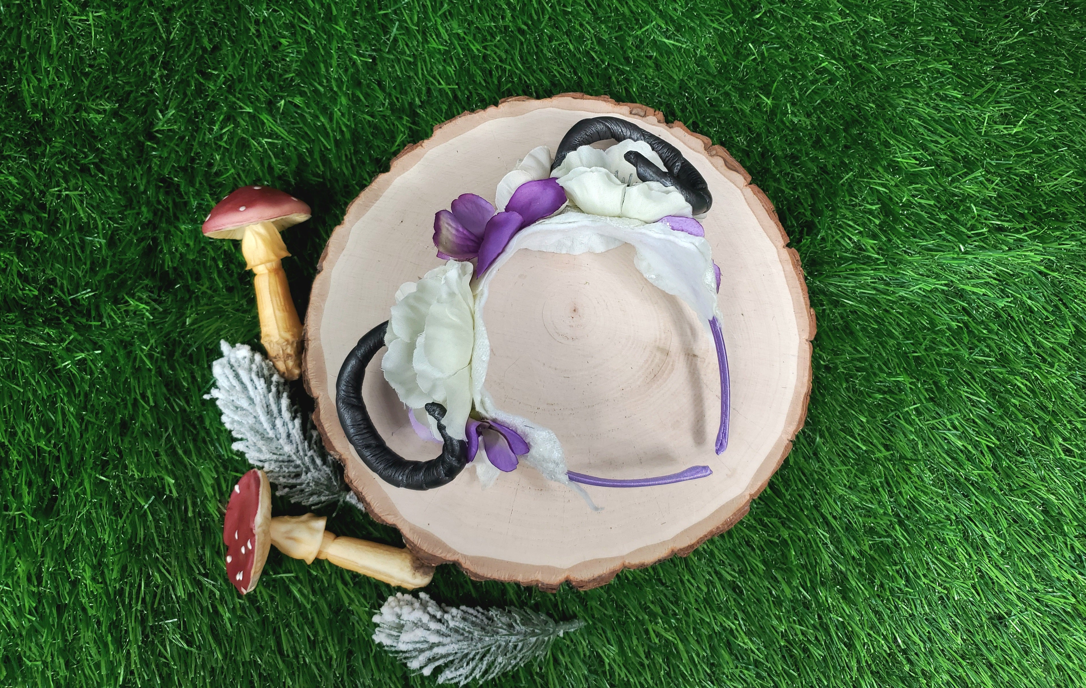 Floral Horned Headband - Purple and White floral rams horns