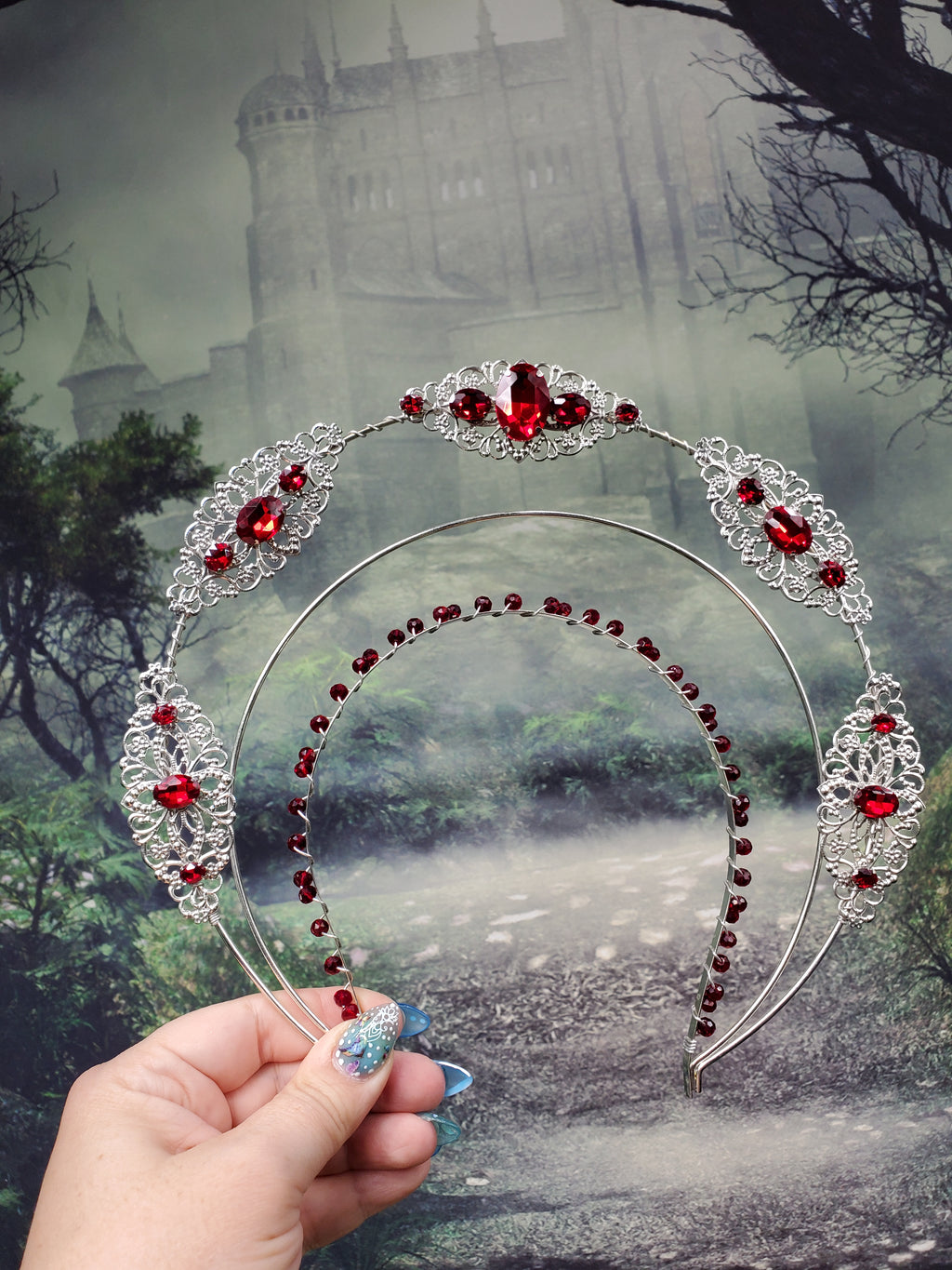 Jeweled Silver Filigree Halo Crown in Ruby Red